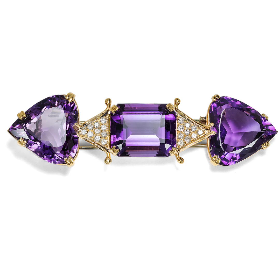 Large vintage brooch with amethysts & diamonds in gold, circa 1980