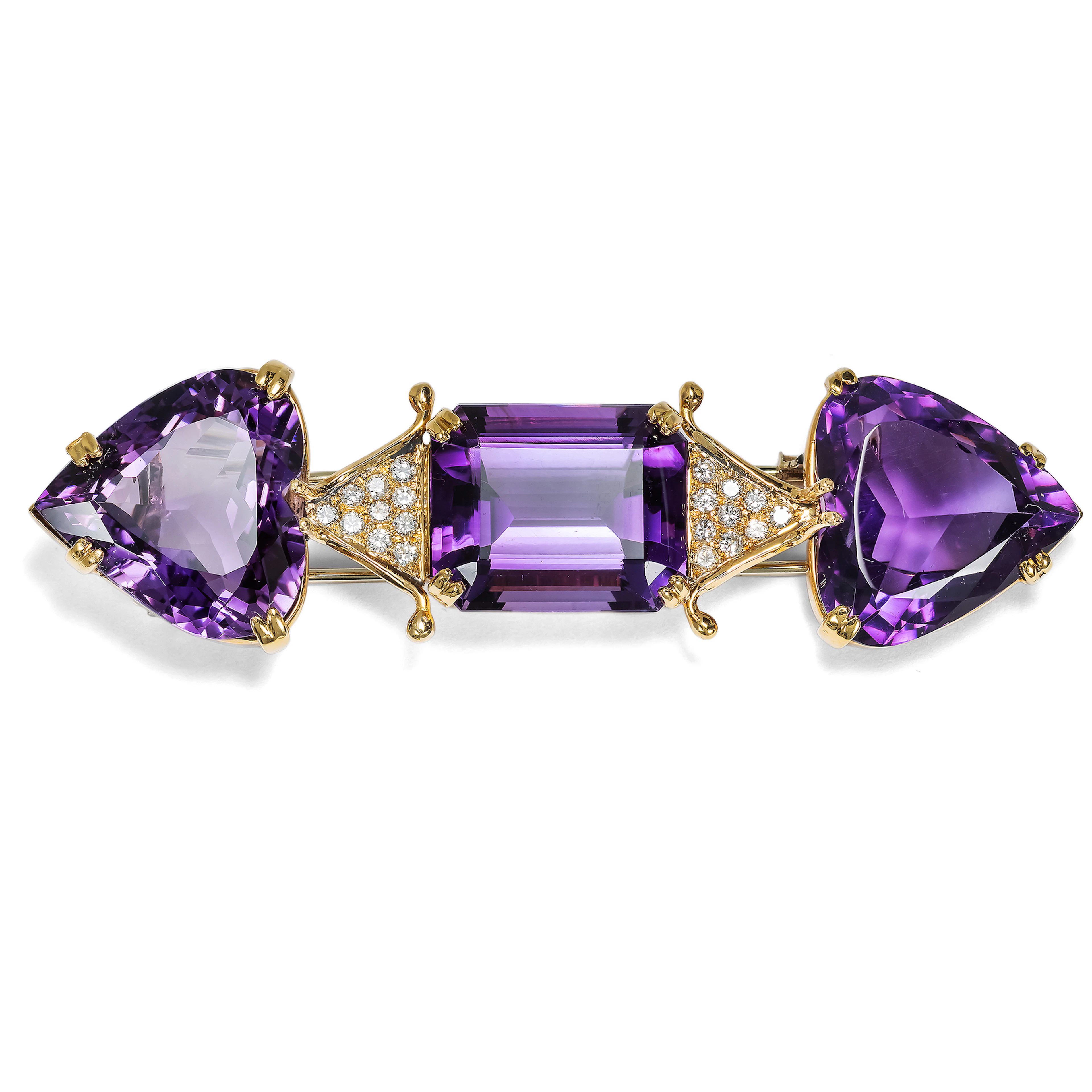 Large vintage brooch with amethysts & diamonds in gold, circa 1980