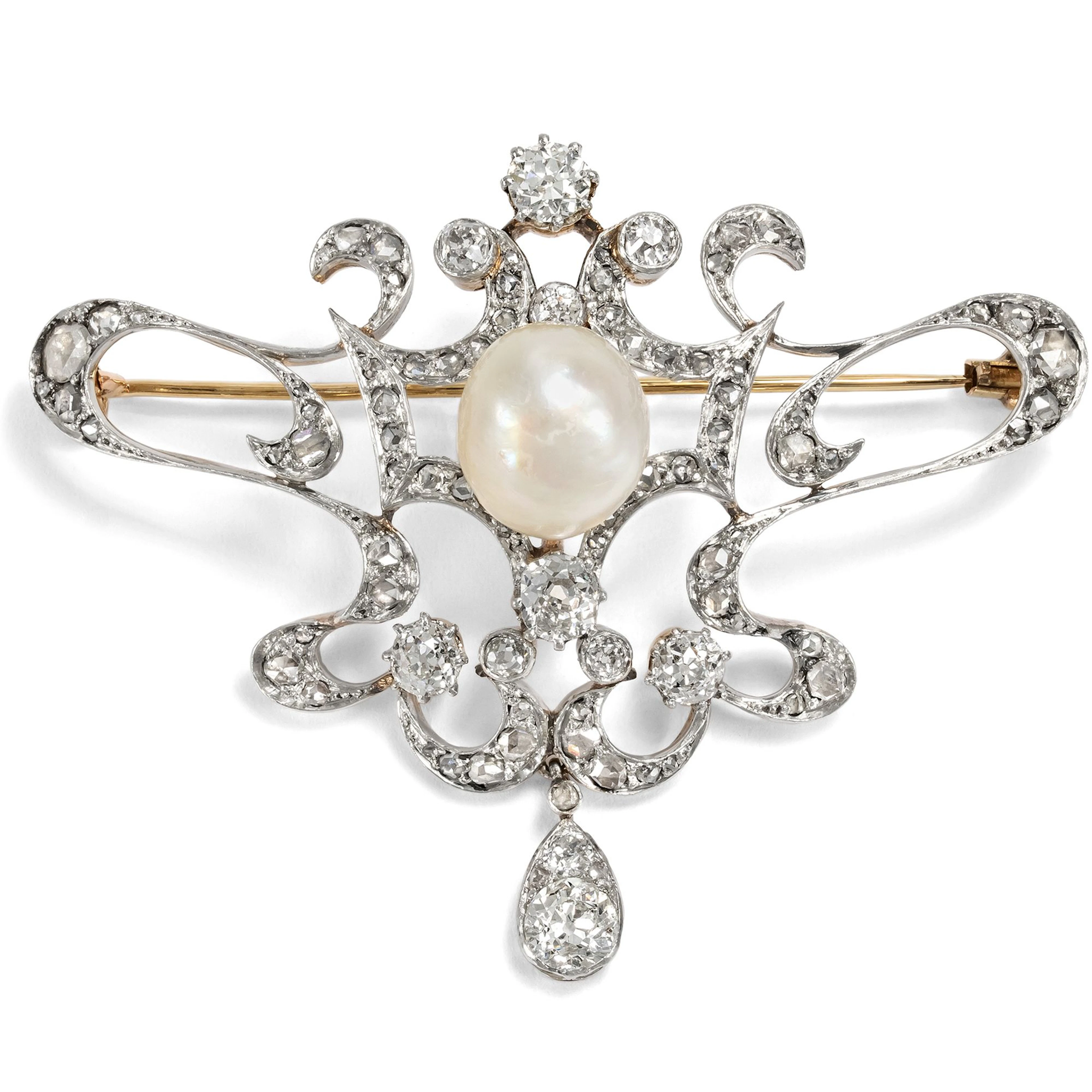 Antique Brooch with Diamonds & Natural Pearl in Platinum on Gold, Paris c. 1900