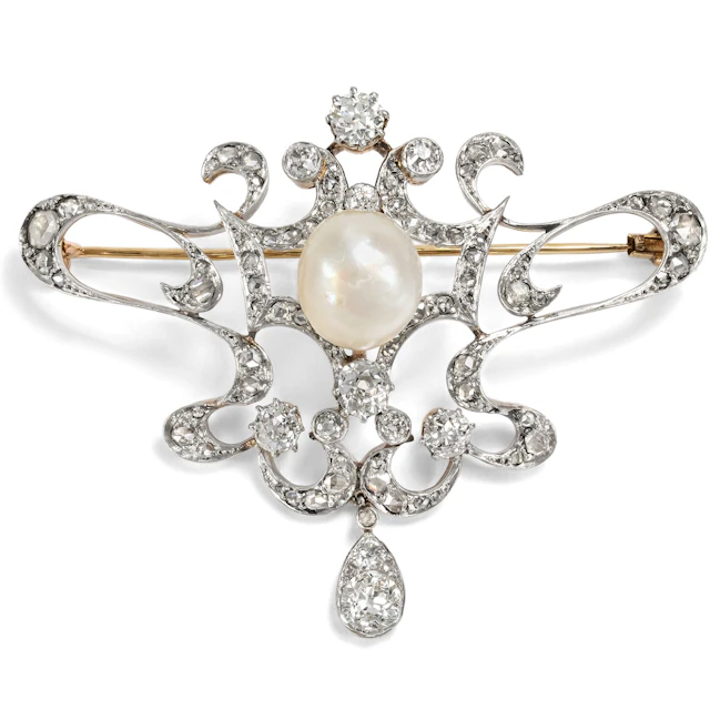 Antique Brooch with Diamonds & Natural Pearl in Platinum on Gold, Paris c. 1900