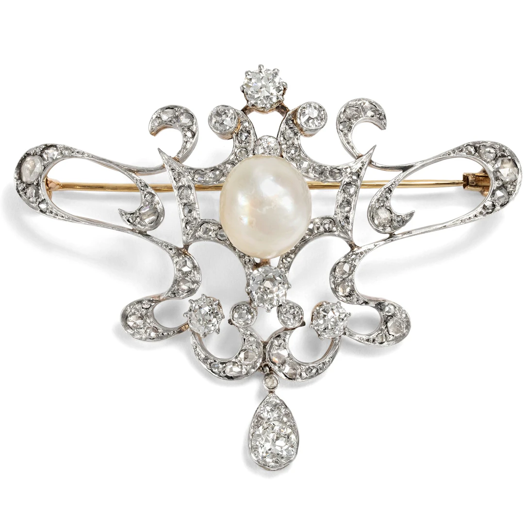 Antique Brooch with Diamonds & Natural Pearl in Platinum on Gold, Paris c. 1900