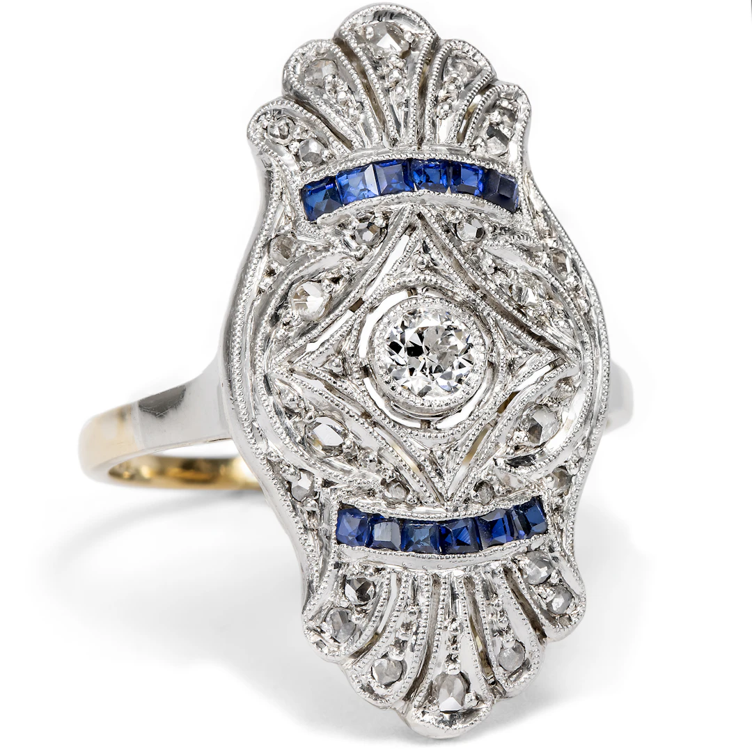 Unusual Art Deco Ring with Diamonds & Sapphires, c. 1930