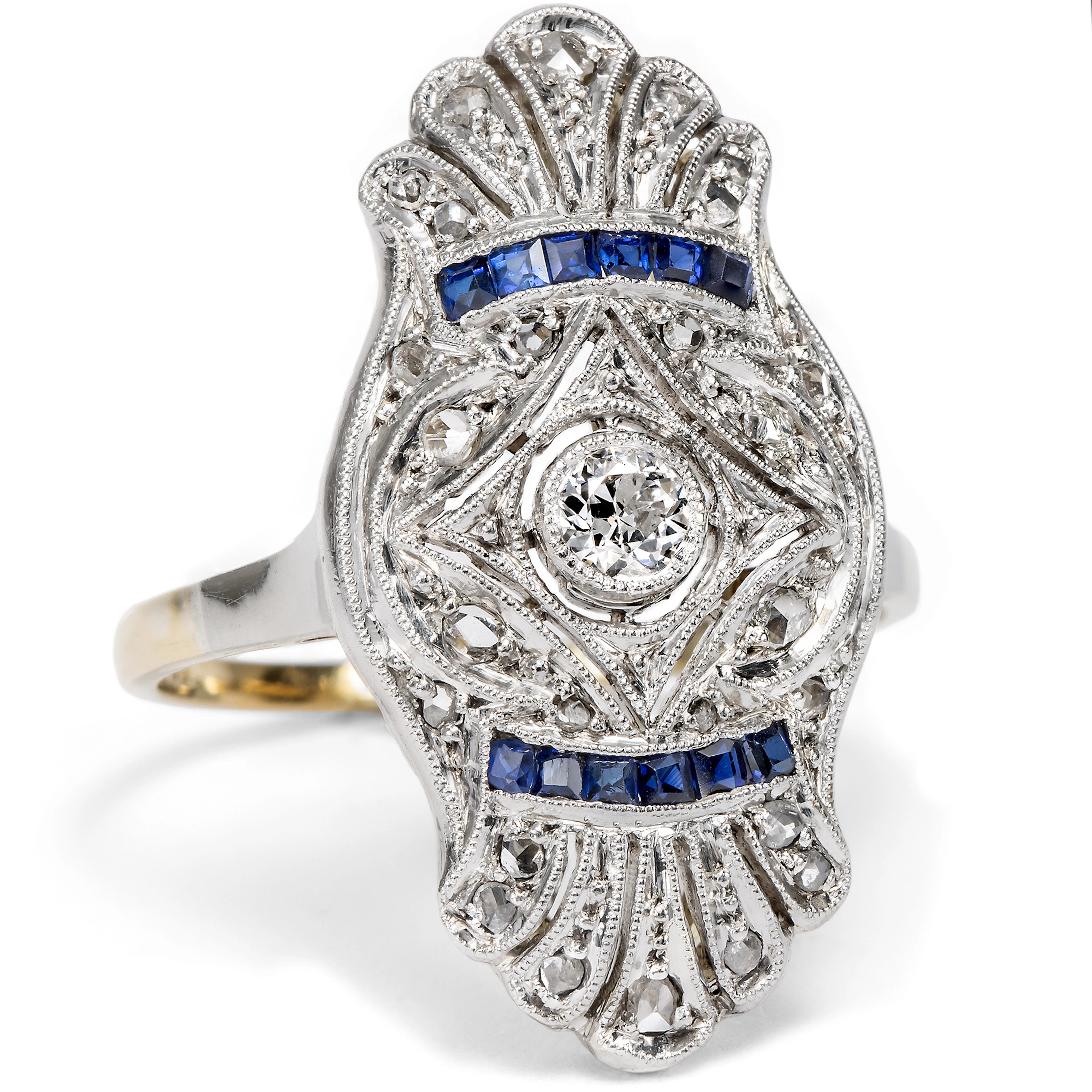 Unusual Art Deco Ring with Diamonds & Sapphires, c. 1930
