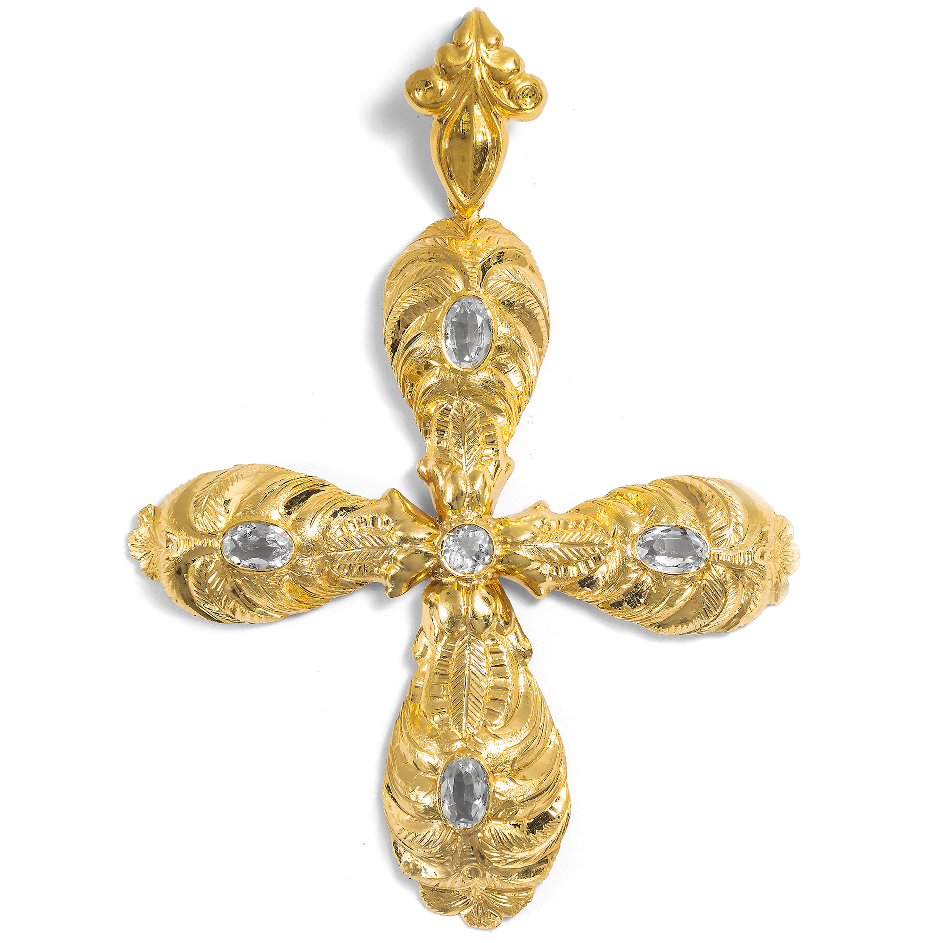 Spätromantik • Großes Kreuz als Anhänger mit Aquamarinen in Gold