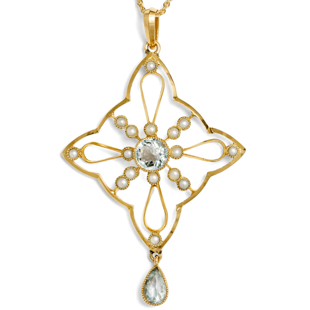 Charming British Gold Pendant with Aquamarines & Pearls, c. 1905
