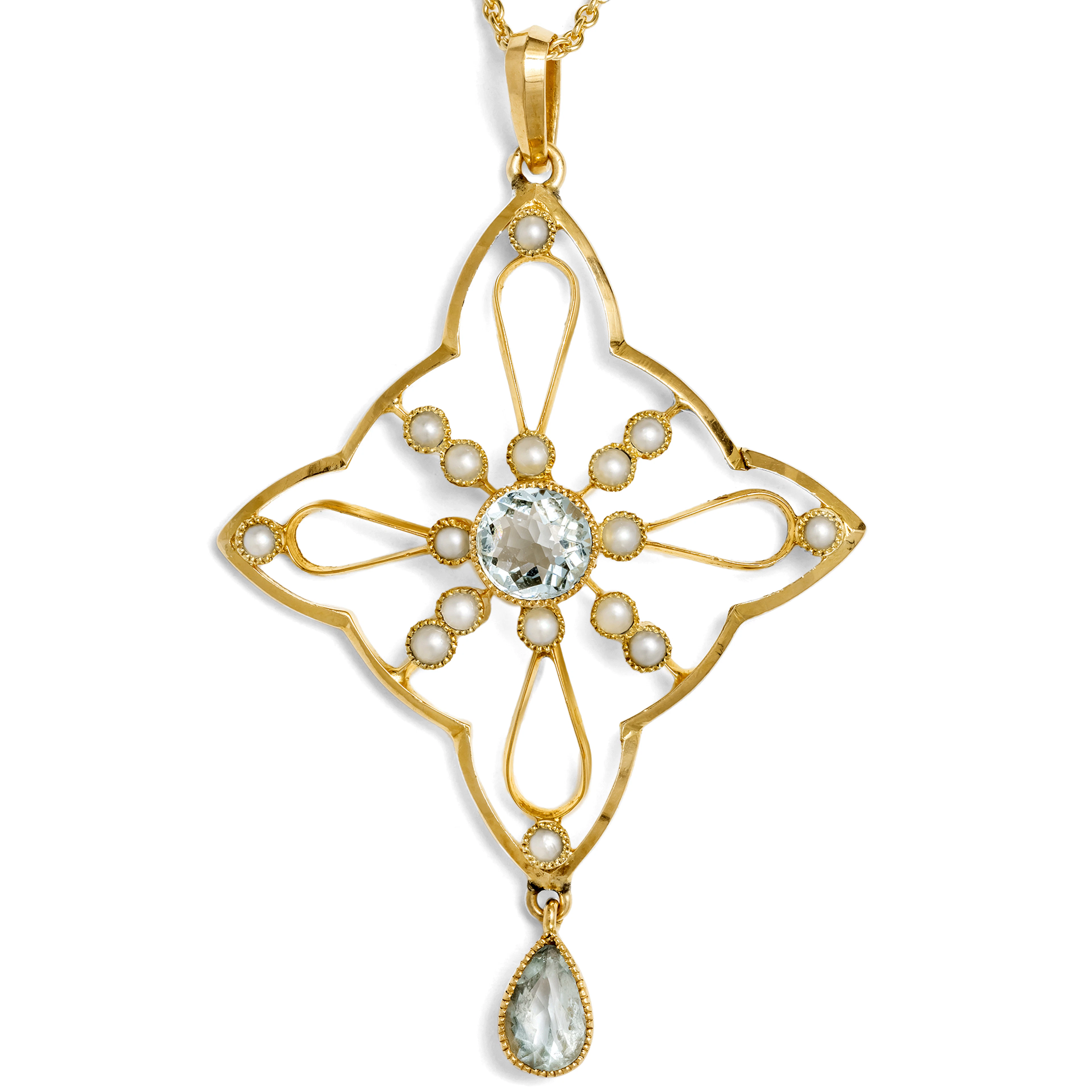 Charming British Gold Pendant with Aquamarines & Pearls, c. 1905