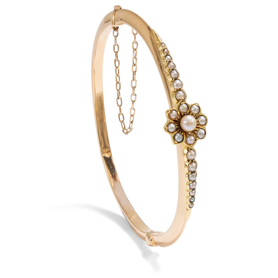 Delicate Antique Gold Bangle with Natural Pearls, c. 1900