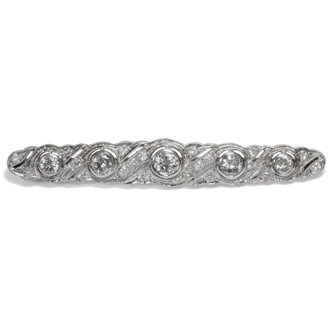 Wonderful Bar Brooch With 2.35 ct Diamonds in White Gold, Art Deco ca. 1930