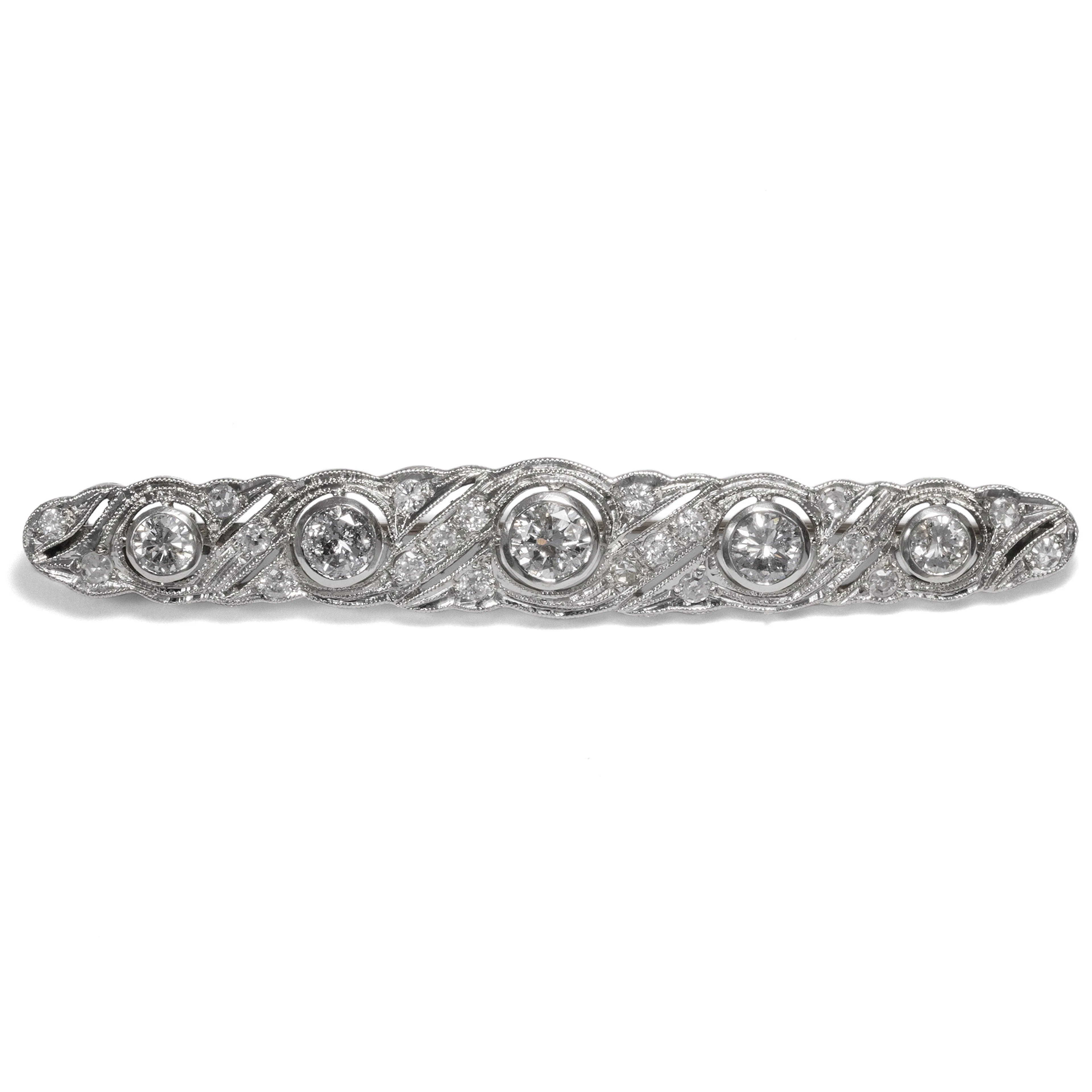 Wonderful Bar Brooch With 2.35 ct Diamonds in White Gold, Art Deco ca. 1930