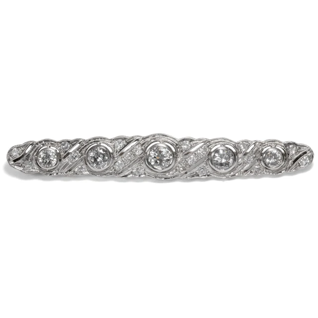 Wonderful Bar Brooch With 2.35 ct Diamonds in White Gold, Art Deco ca. 1930