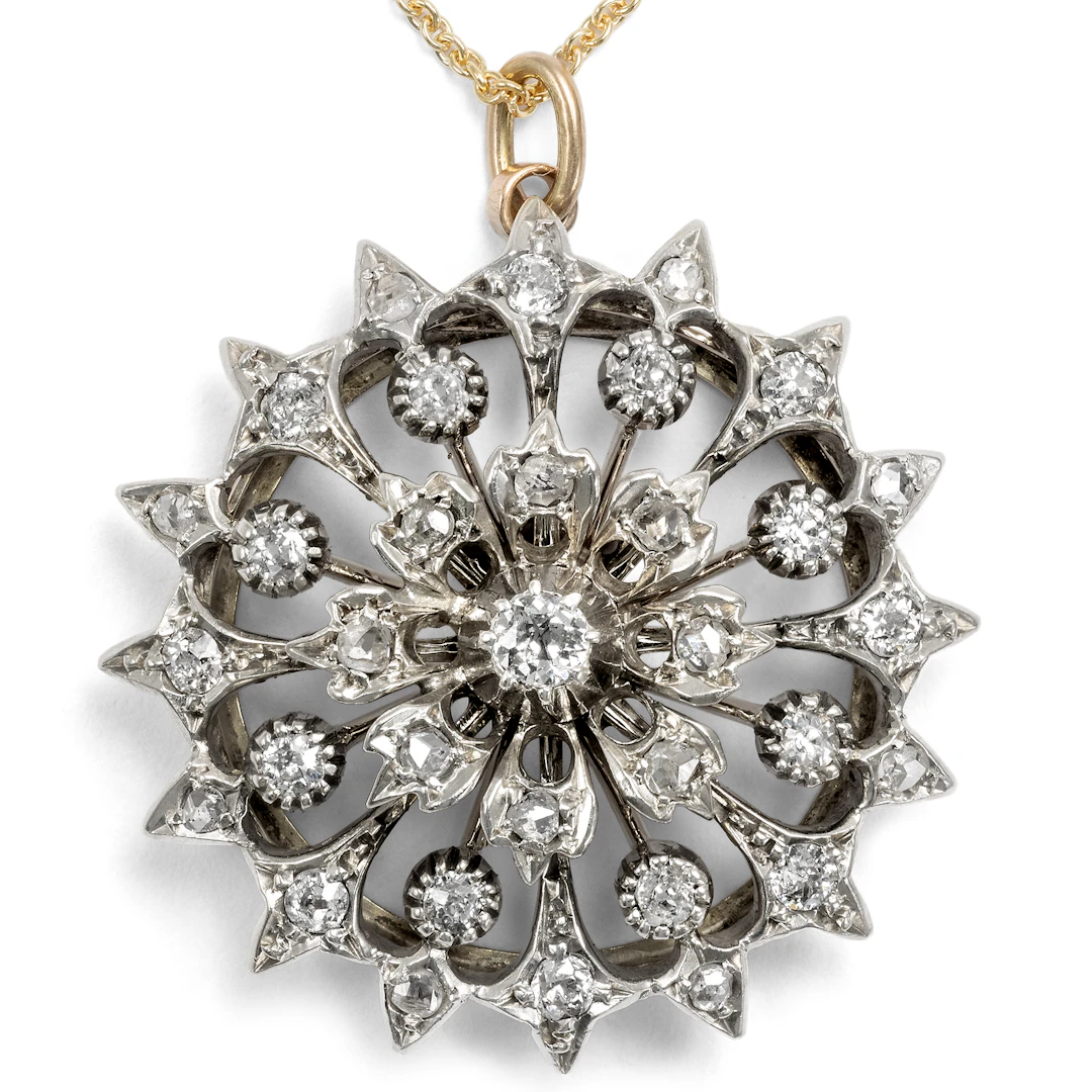 Elegant Belle Époque Pendant Brooch with Diamonds in Silver and Gold, ca. 1890