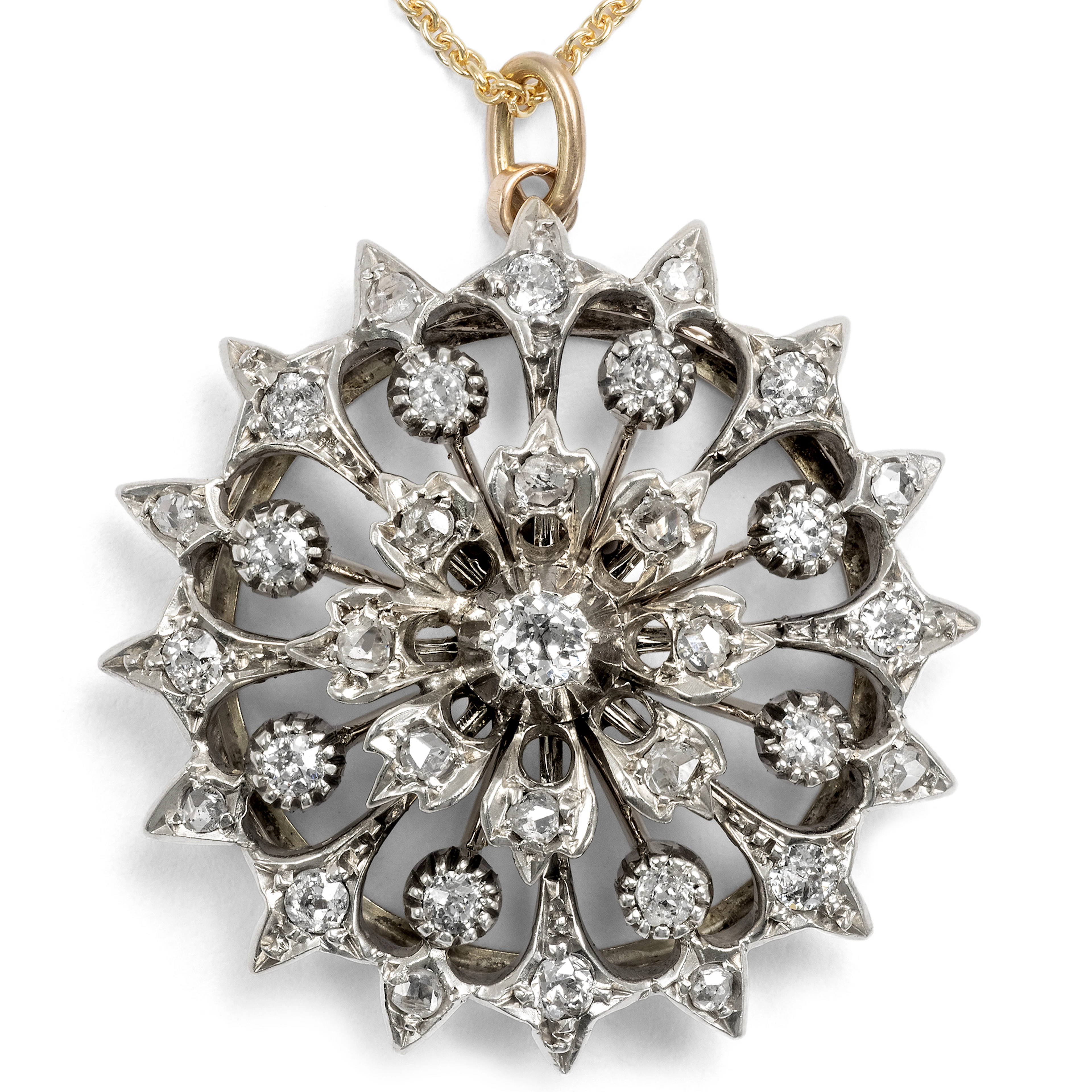 Elegant Belle Époque Pendant Brooch with Diamonds in Silver and Gold, ca. 1890