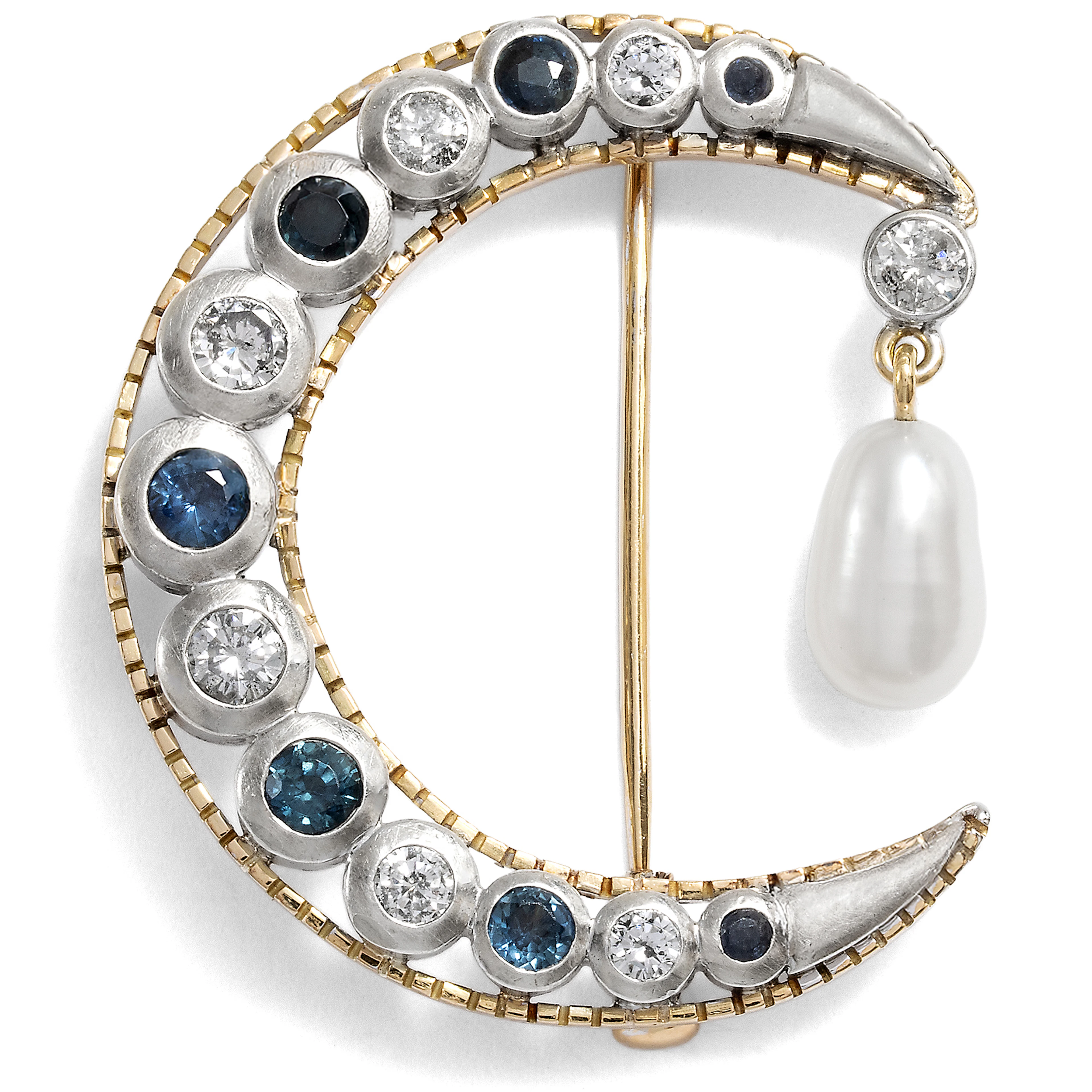 Vintage Brooch with Sapphires & Diamonds in Gold & Silver, c. 1985