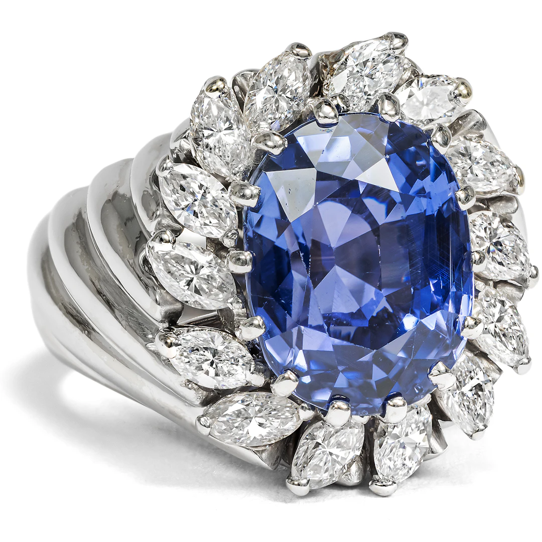 Vintage Ring With Untreated Sapphire & Diamonds In White Gold, Circa 1980