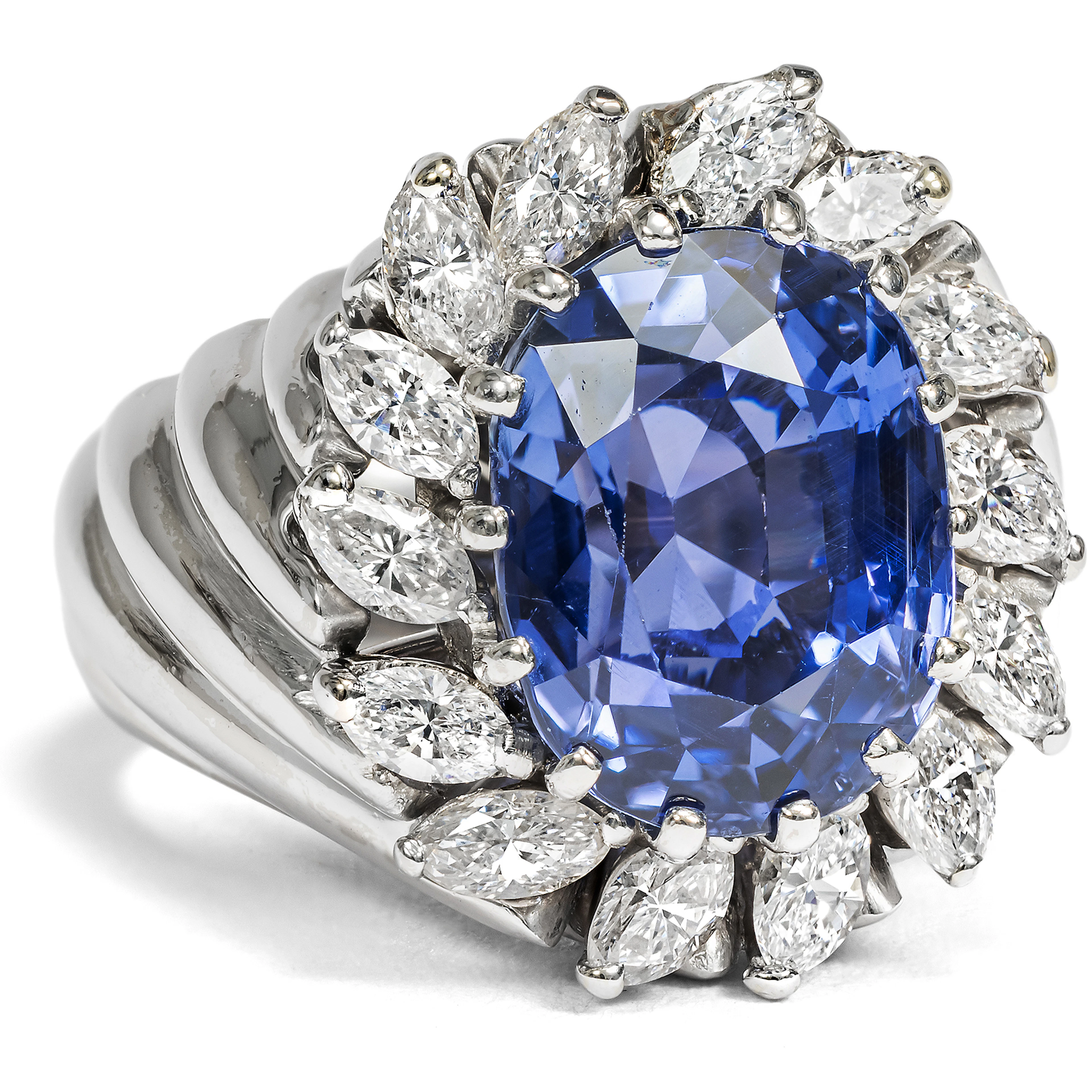 Vintage Ring With Untreated Sapphire & Diamonds In White Gold, Circa 1980