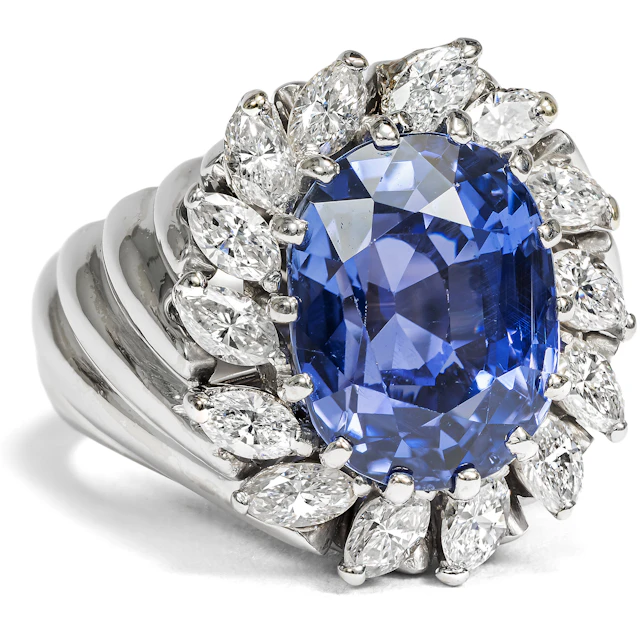 Vintage Ring With Untreated Sapphire & Diamonds In White Gold, Circa 1980