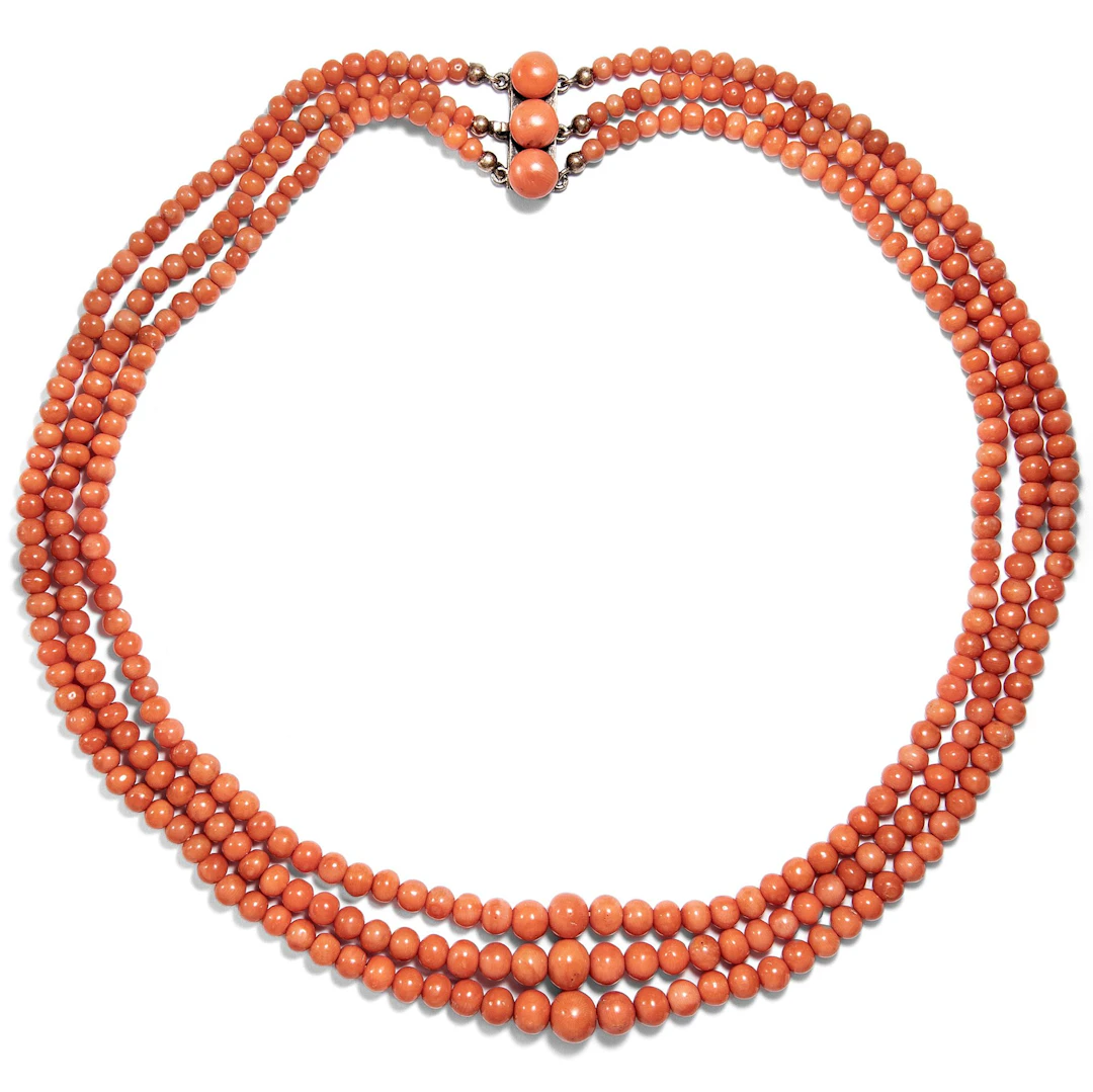 Antique Necklace Made of Three Rows of Salmon-Coloured Mediterranean