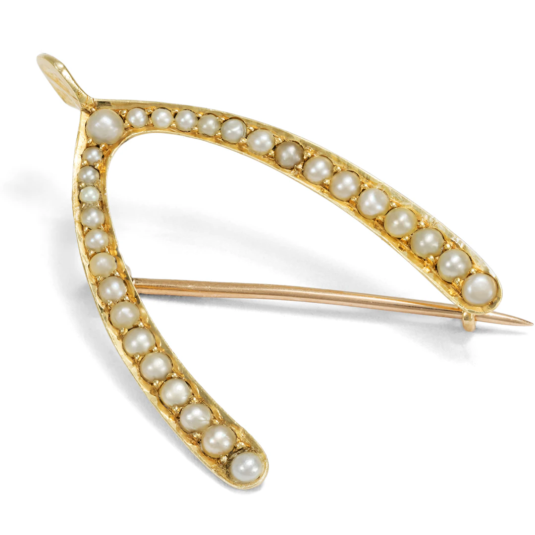 Antique Wishbone Brooch with Seed Pearls in Gold, British, c. 1900