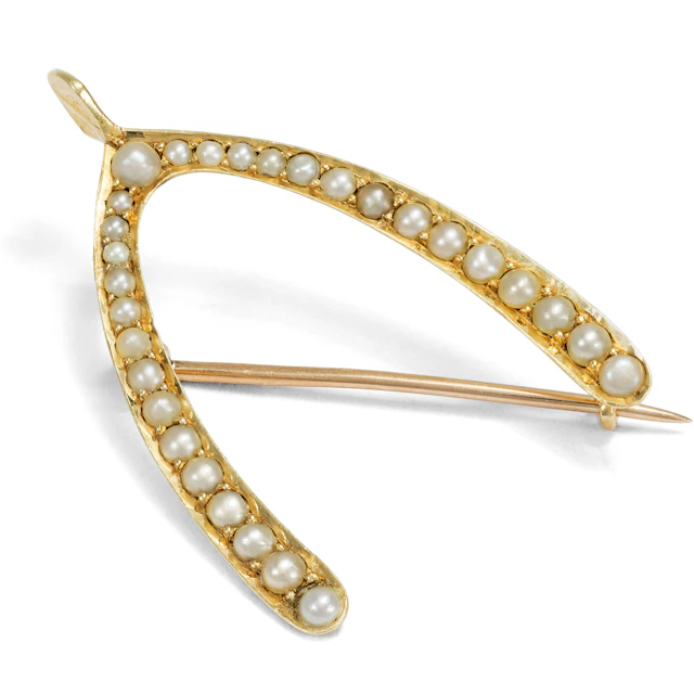 Antique Wishbone Brooch with Seed Pearls in Gold, British, c. 1900
