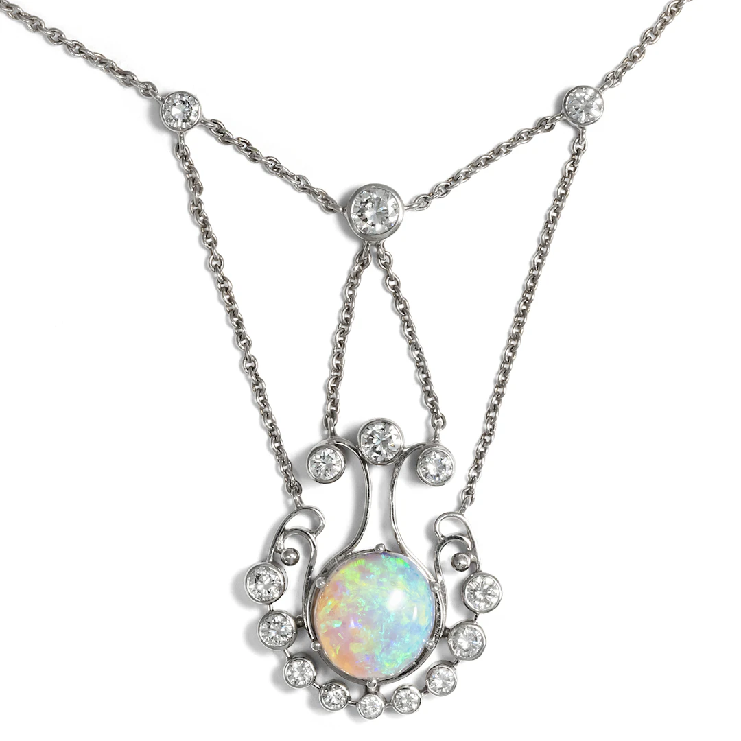 Exquisite White Gold Necklace With Opal & Diamonds, c. 1990
