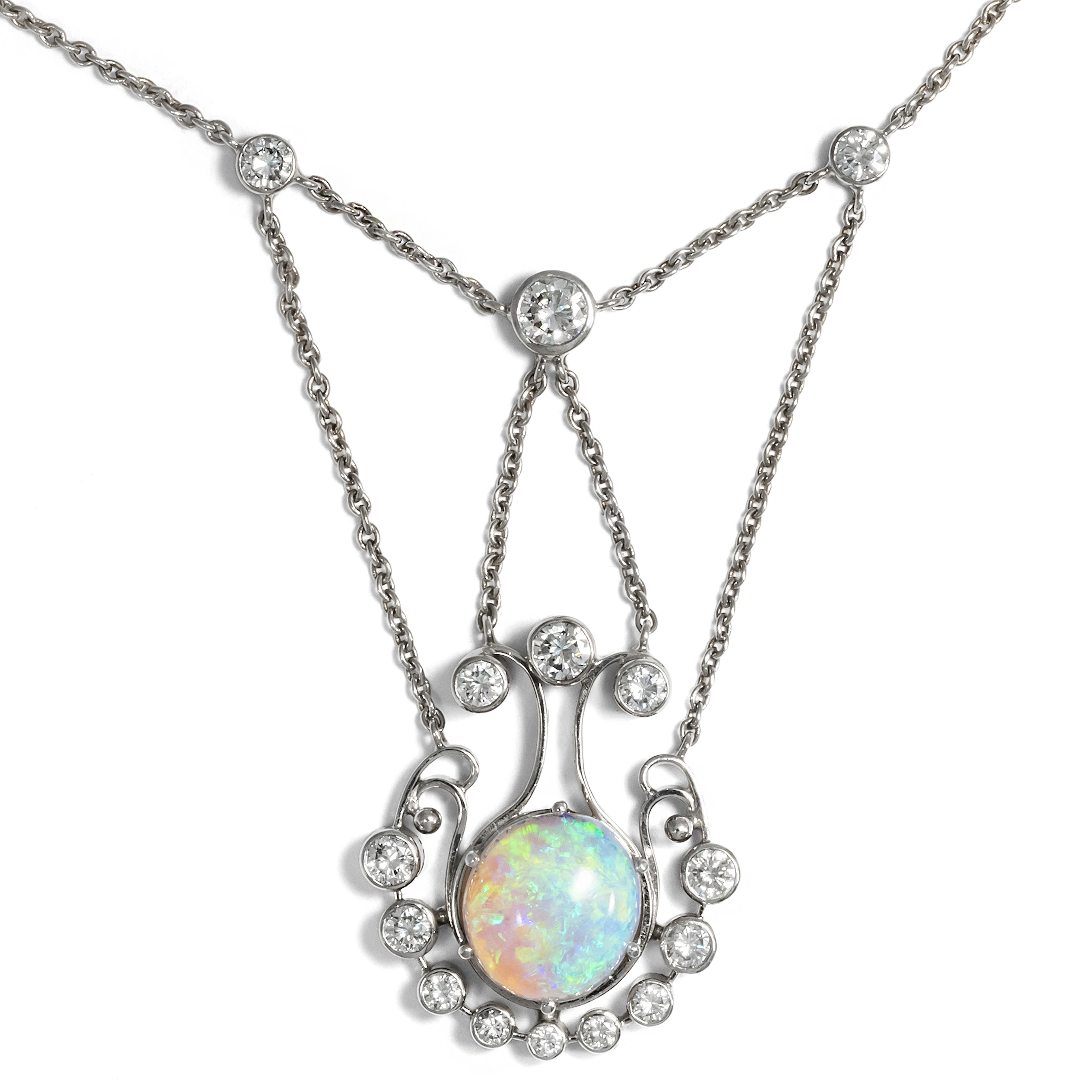 Exquisite White Gold Necklace With Opal & Diamonds, c. 1990