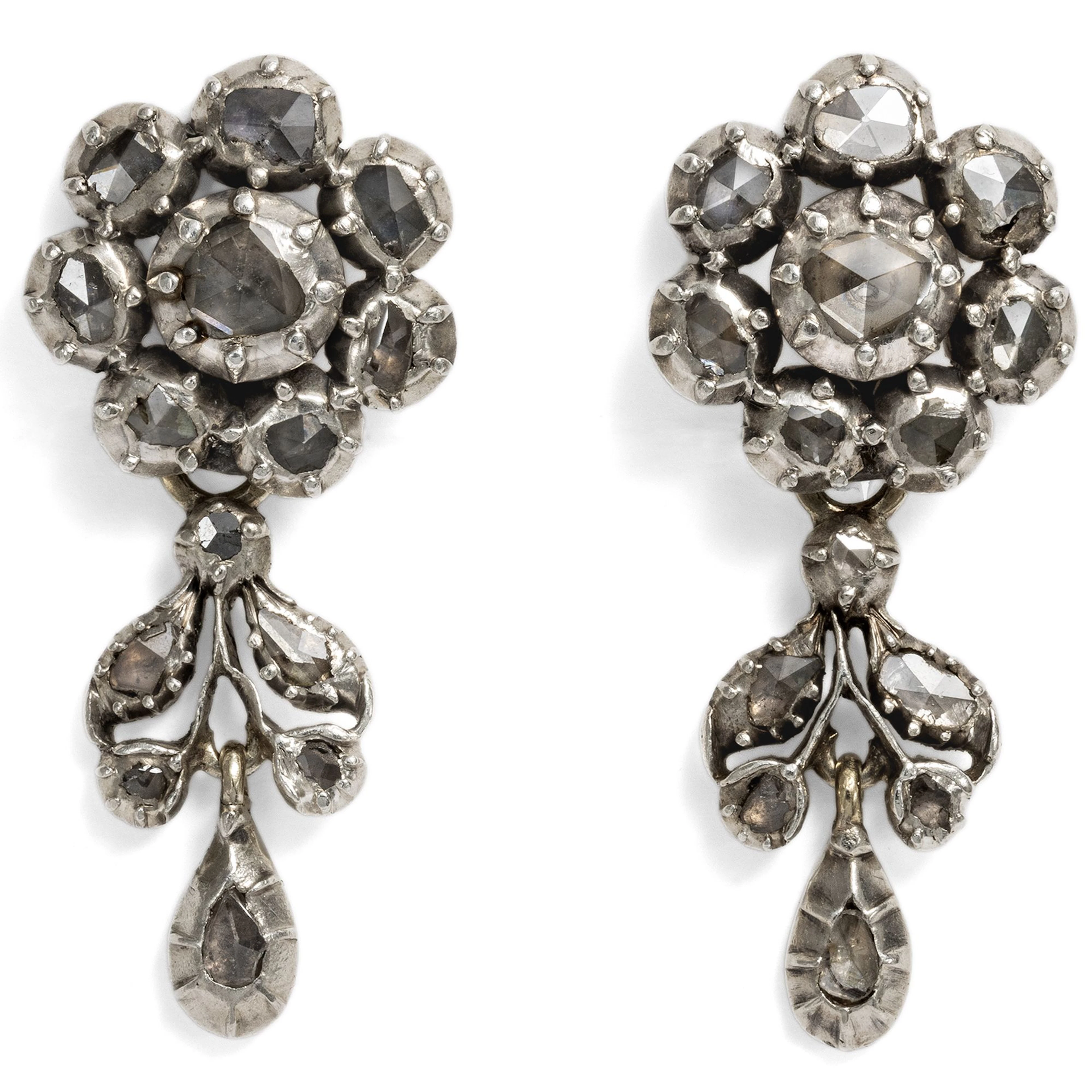 Ear Clips made from Antique Elements with Diamond Roses in Silver