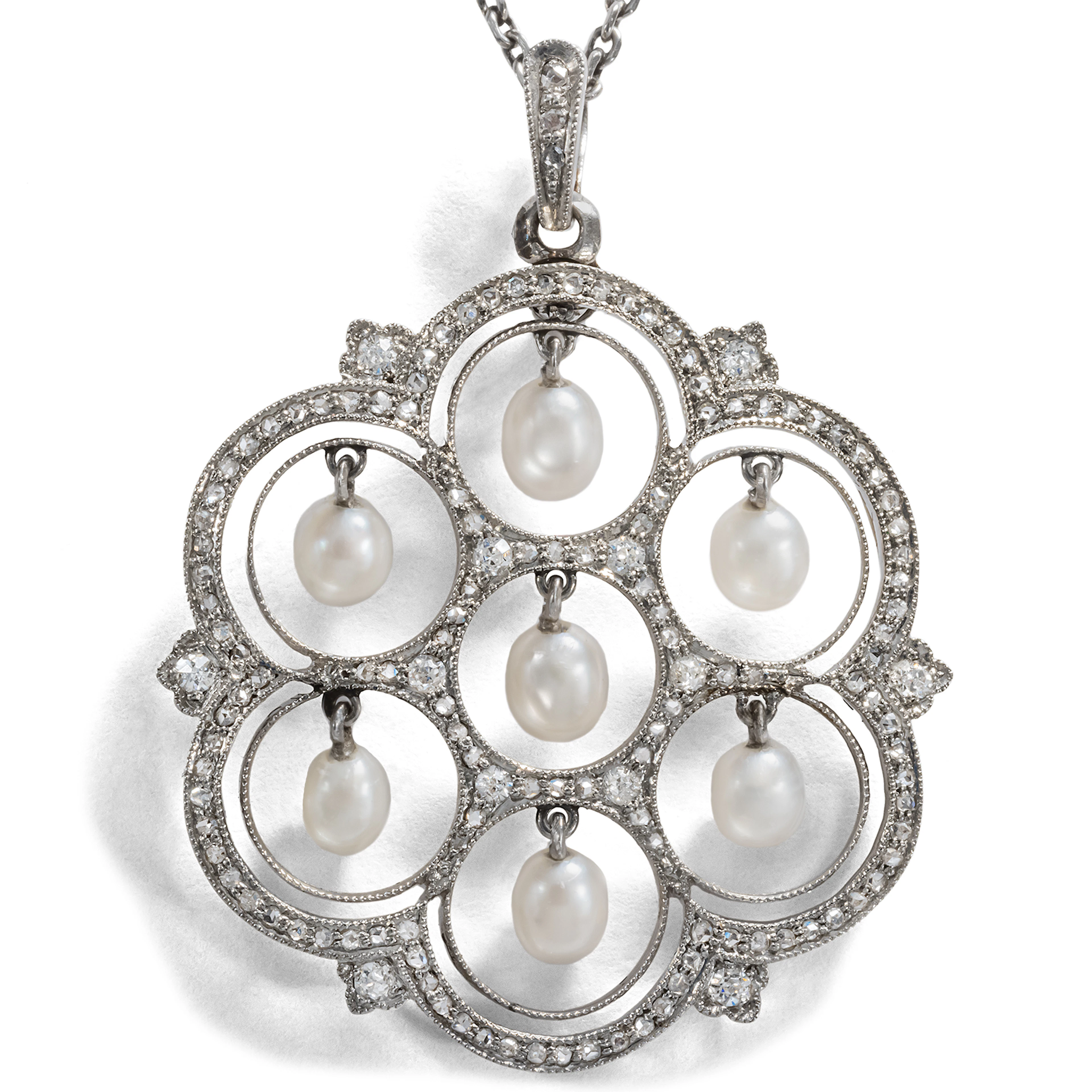 Artful Platinum Pendant with Articulated Natural Pearls, circa 1910