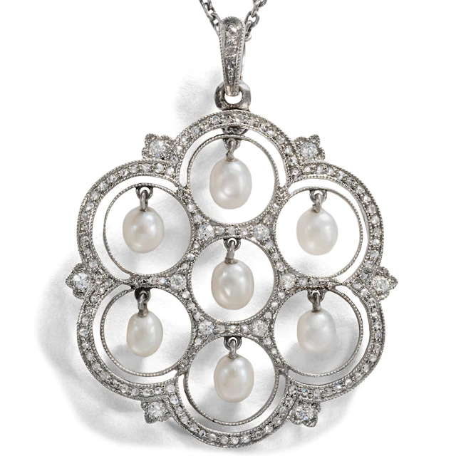 Artful Platinum Pendant with Articulated Natural Pearls, circa 1910