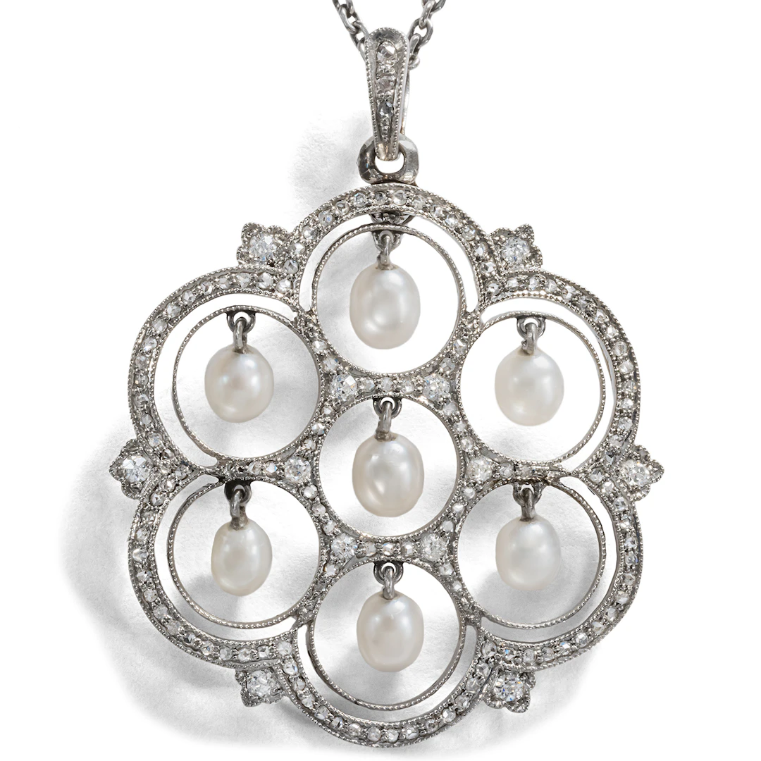 Artful Platinum Pendant with Articulated Natural Pearls, circa 1910