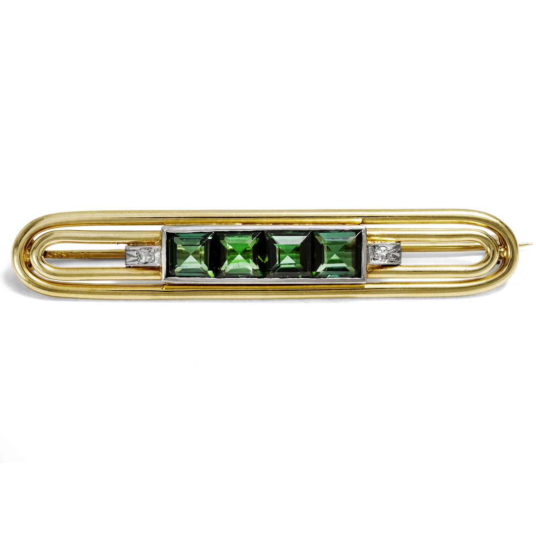 Elegant Vintage Brooch with Tourmalines & Diamonds in Gold, c. 1950