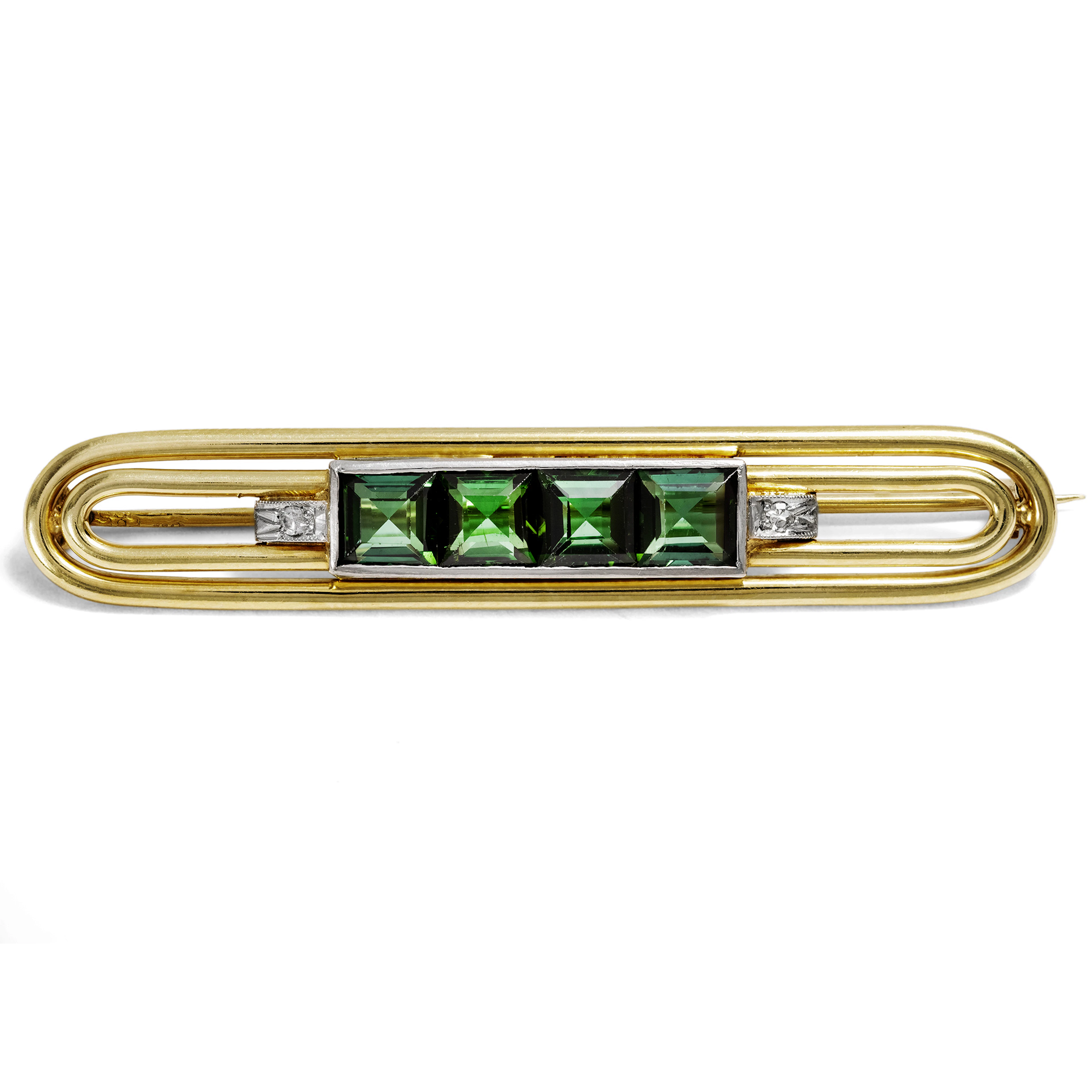 Elegant Vintage Brooch with Tourmalines & Diamonds in Gold, c. 1950