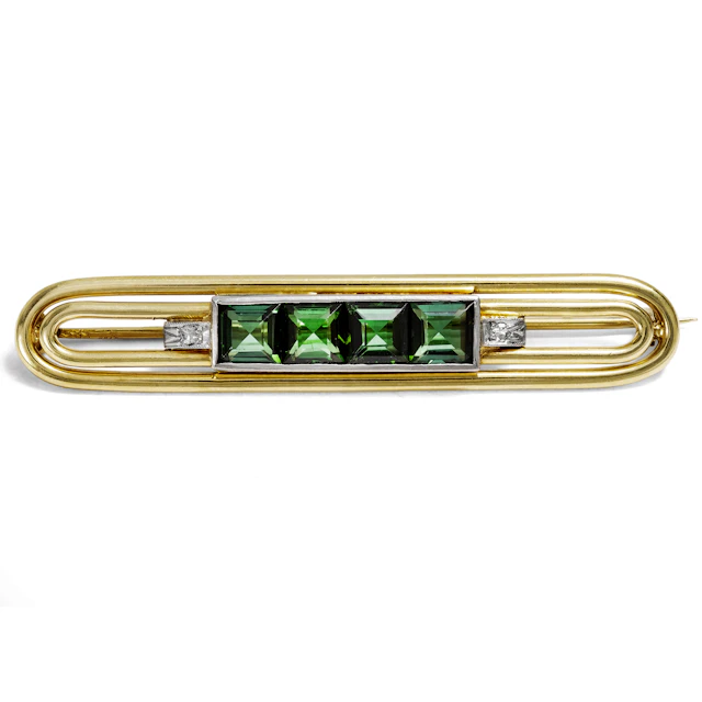 Elegant Vintage Brooch with Tourmalines & Diamonds in Gold, c. 1950
