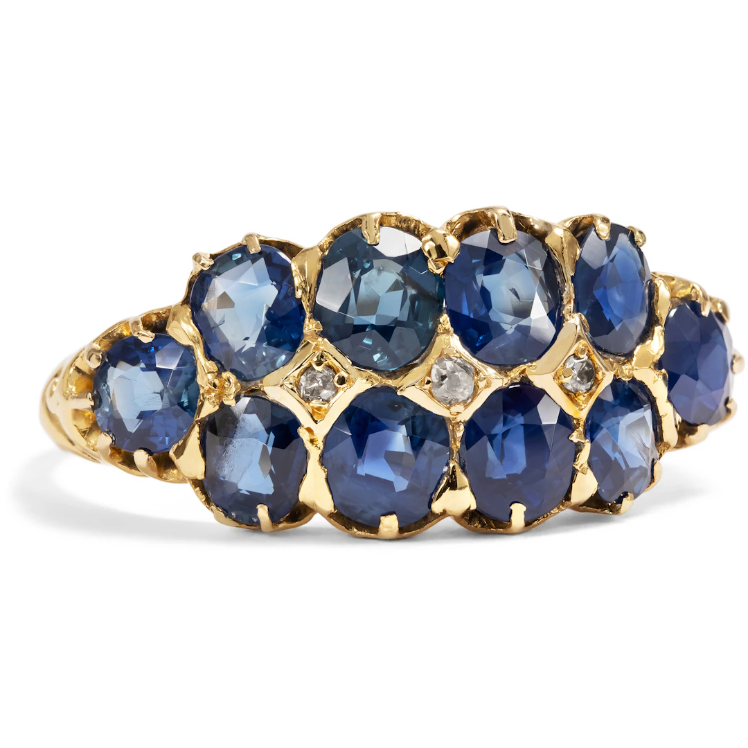 Large Ring with Untreated Sapphires & Diamonds in Gold, c. 1890