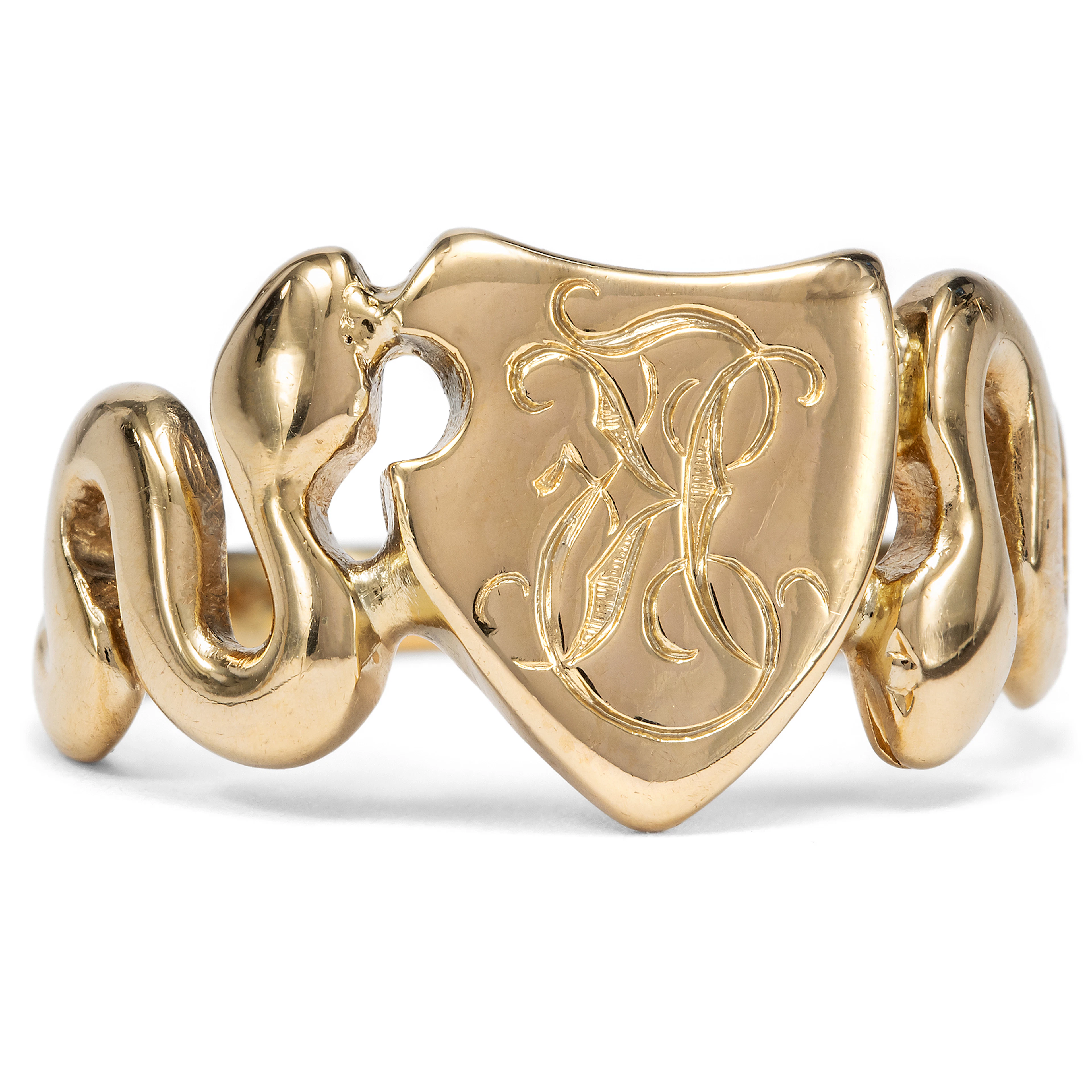 Antique Gold Ring with two Snakes & Monogram "KF", c. 1890