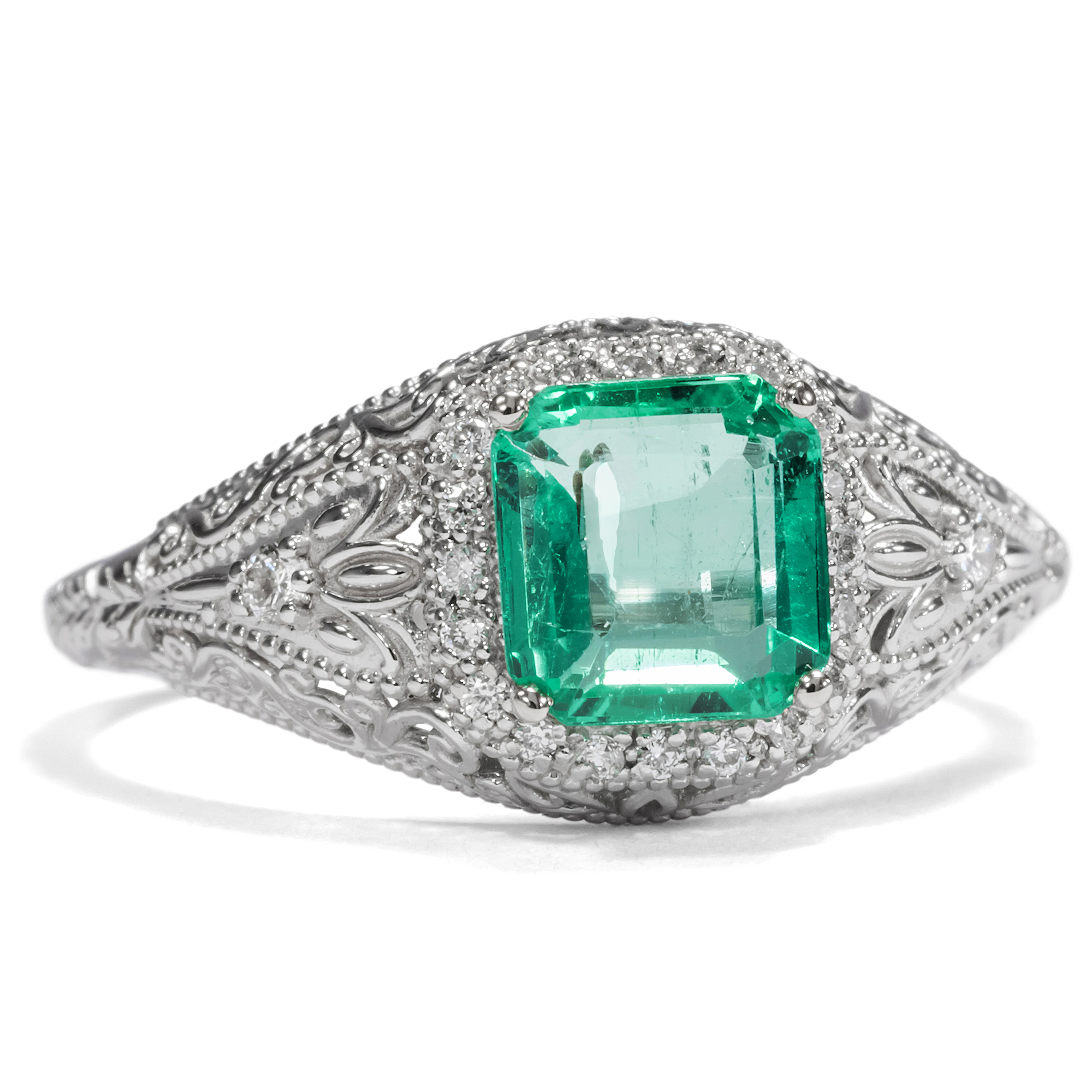 Unworn White Gold Ring with Emerald & Diamonds From Our Workshop
