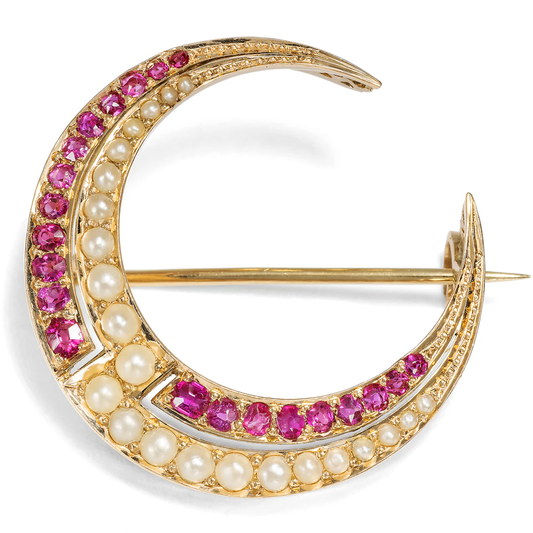 Crescent Moon with Natural Pearls & Rubies from Burma, c. 1900