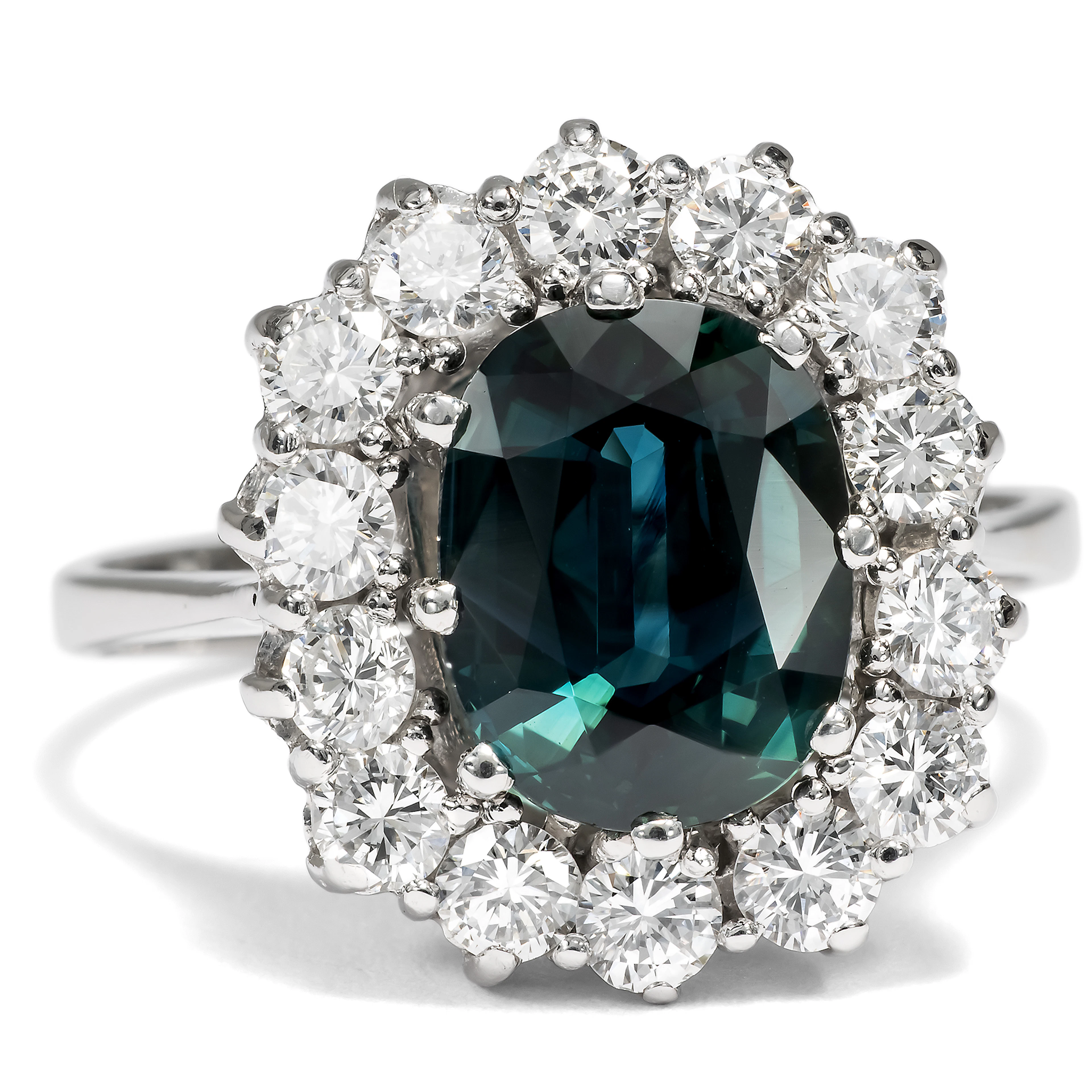 Luxurious Sapphire and Diamond Cluster Ring in White Gold, c. 1970