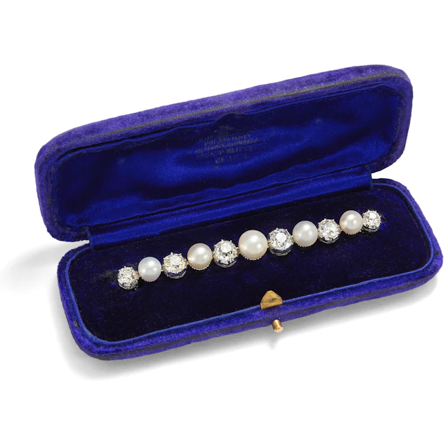 Antique Platinum Brooch with Diamonds & Oriental Pearls, Gebrüder