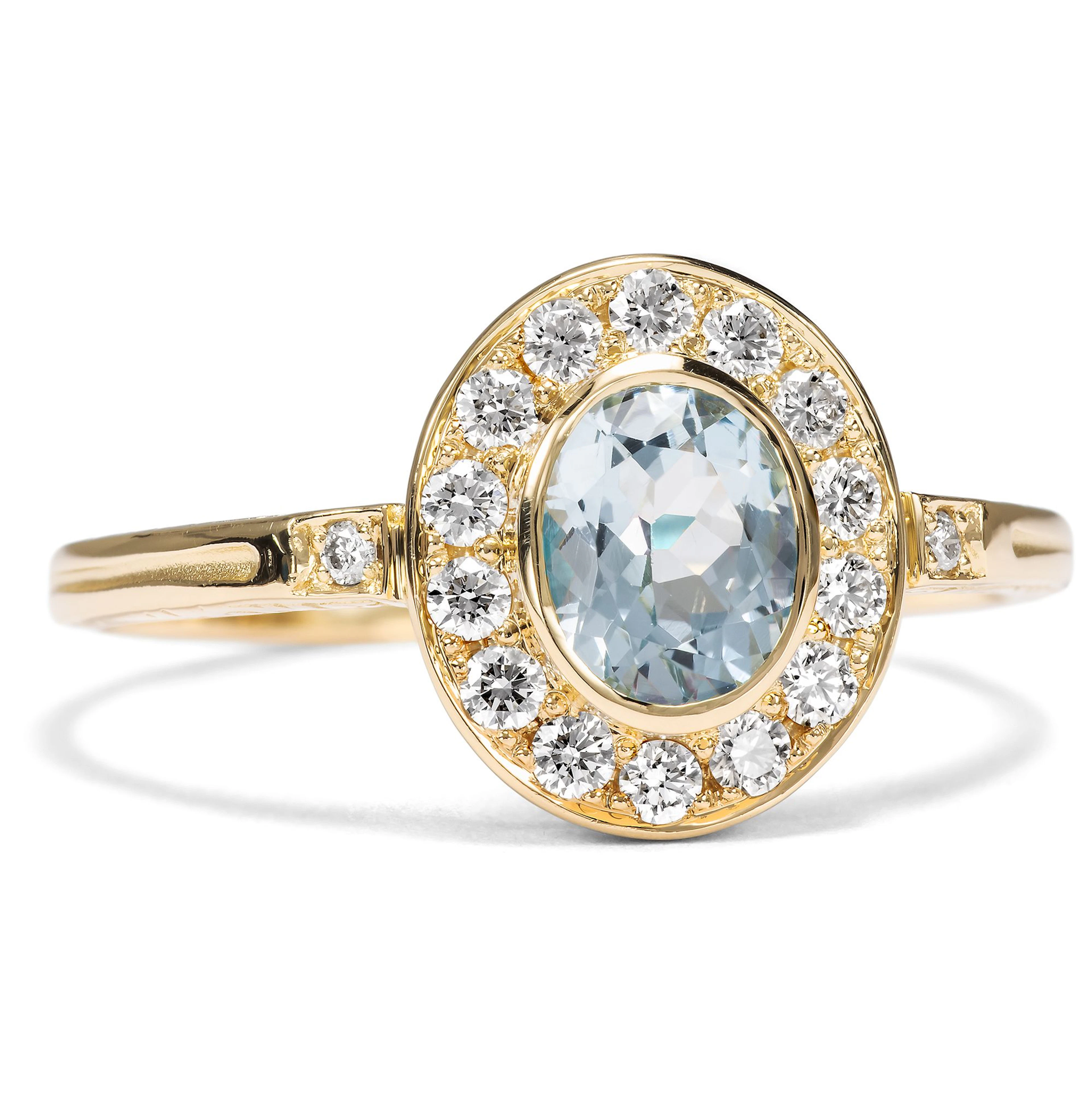 Classic Ring with Aquamarine & Diamonds in Yellow Gold from Our Workshop