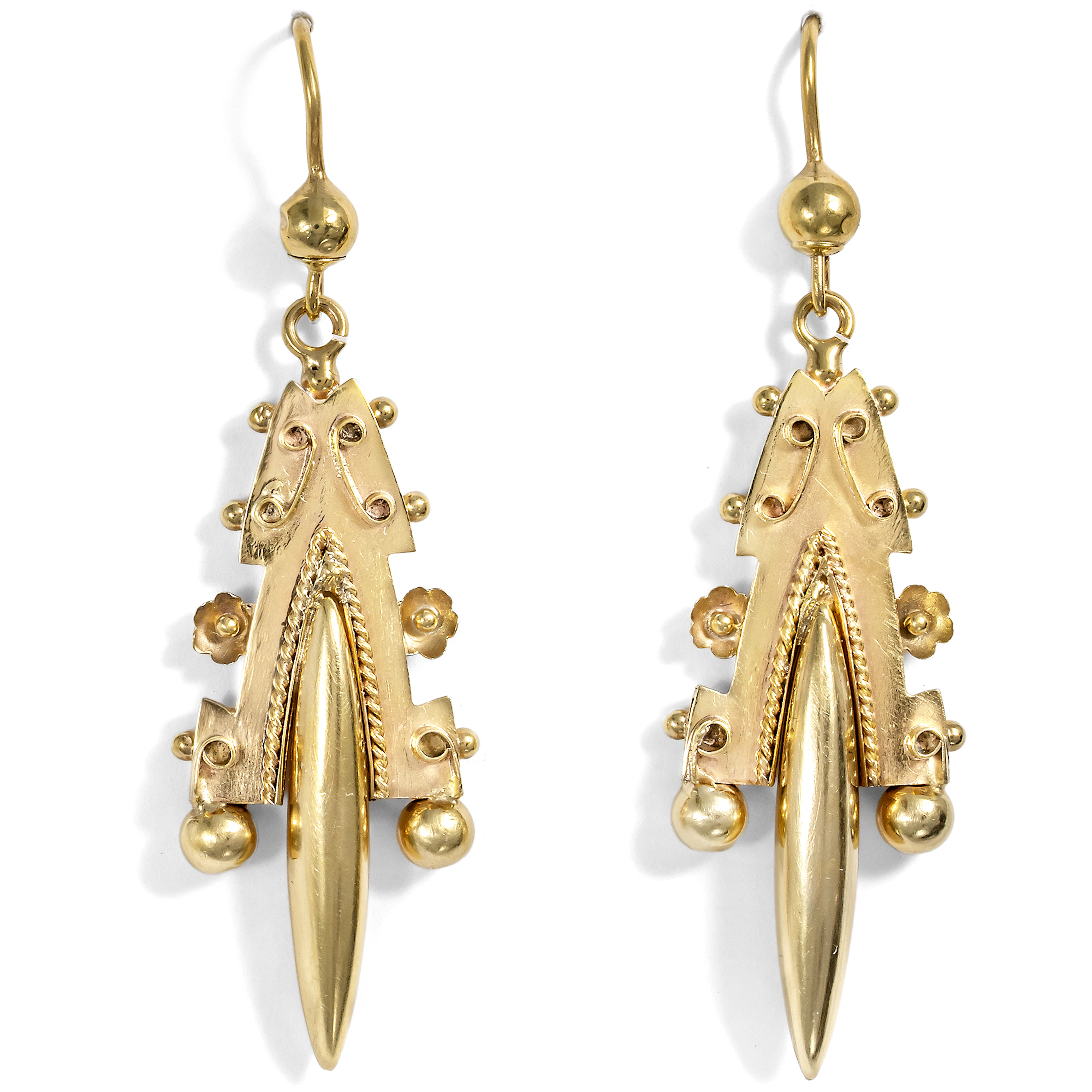 Long Victorian Archaeological Style Gold Earrings, c. 1880 & Later