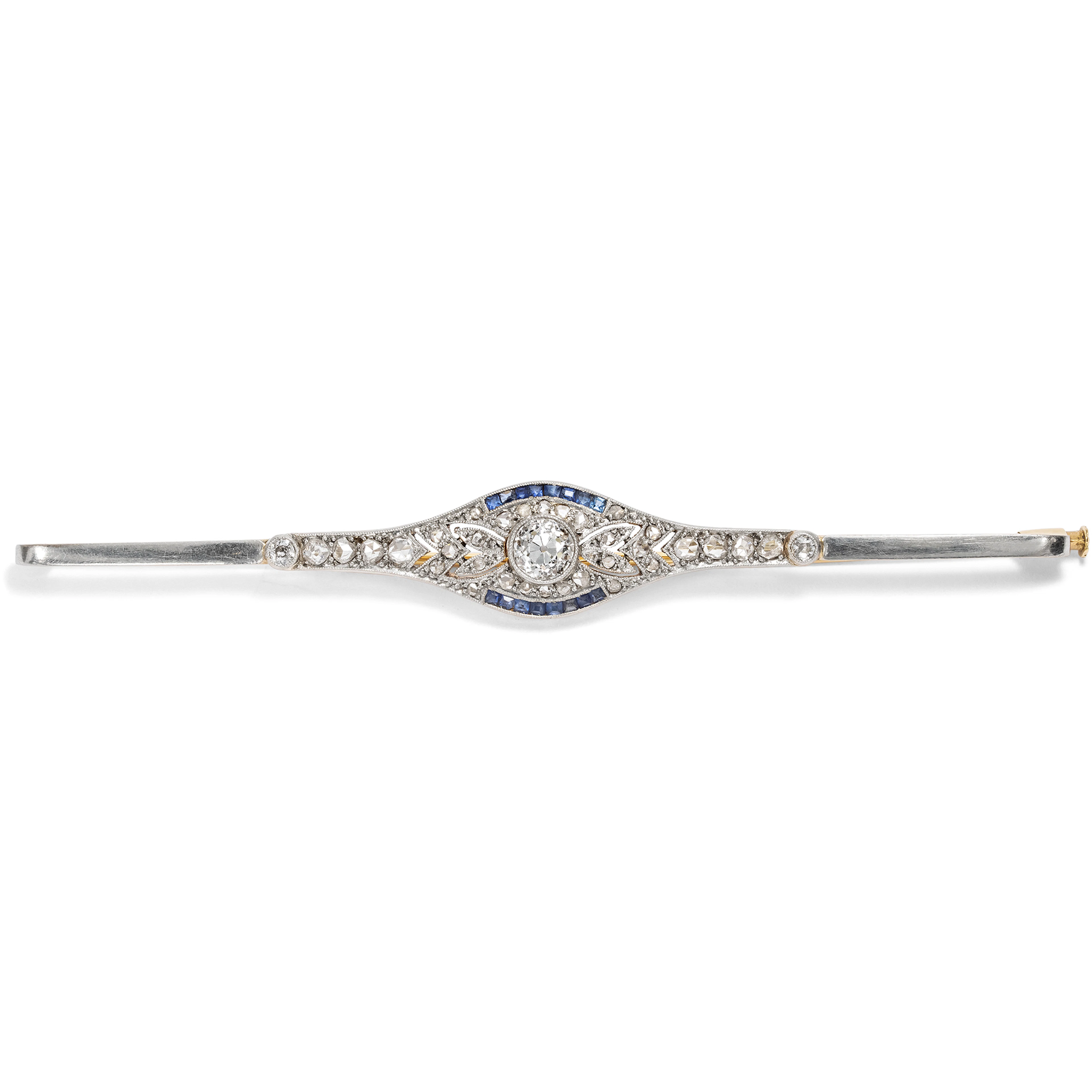 Chic Déco Pin with Sapphires and Diamonds, French, c. 1920s