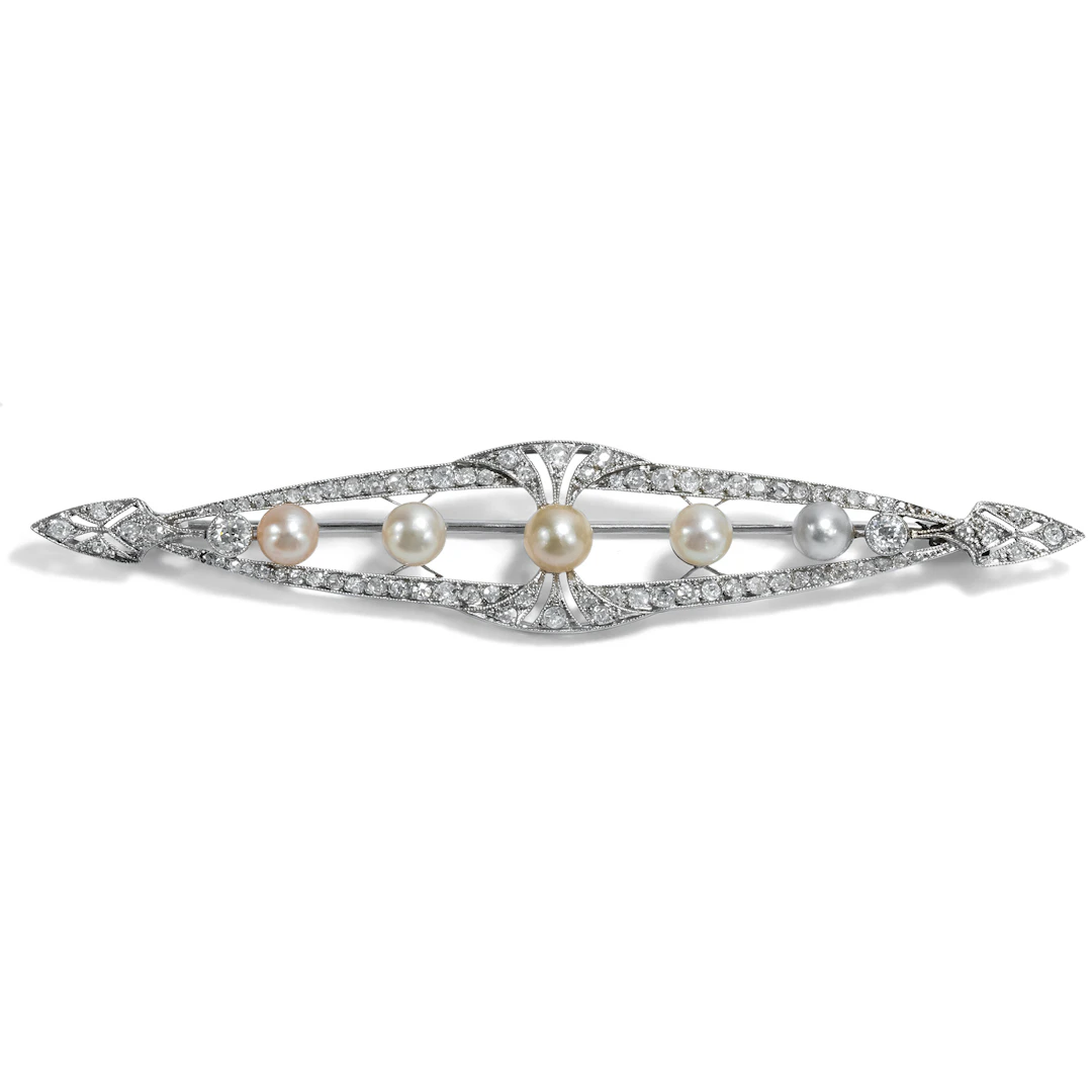 Large Bar Brooch with Diamonds & Pearls in Platinum, France, c. 1915