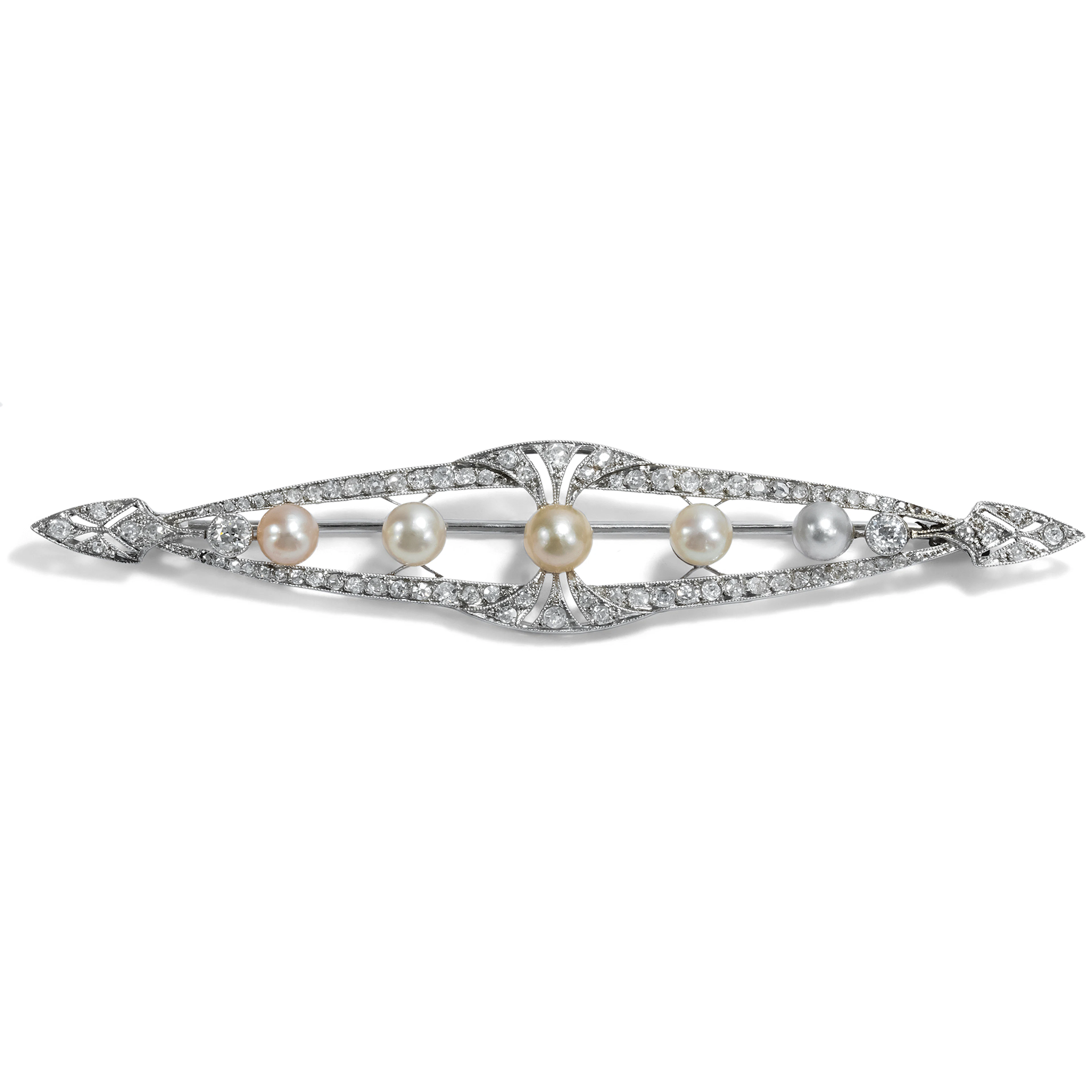 Large Bar Brooch with Diamonds & Pearls in Platinum, France, c. 1915