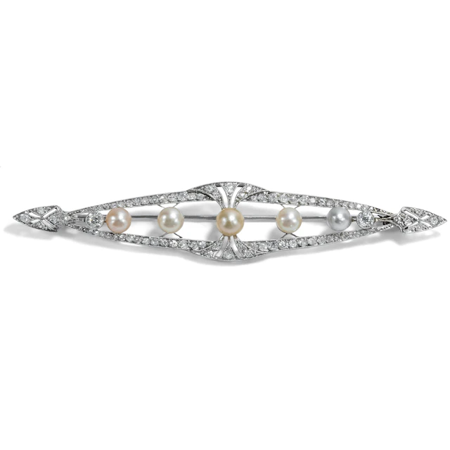 Large Bar Brooch with Diamonds & Pearls in Platinum, France, c. 1915
