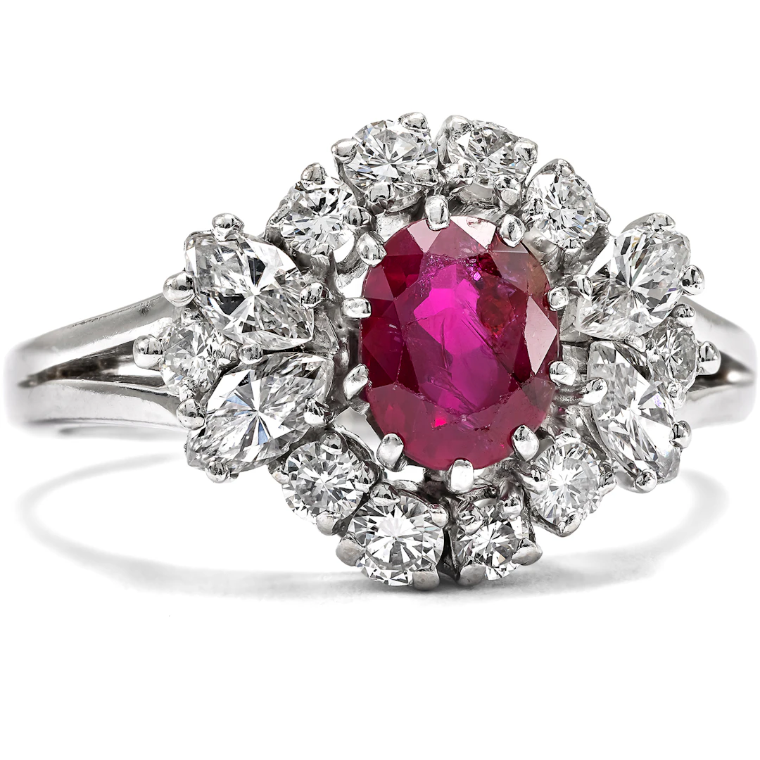 Glamorous Entourage Ring With Ruby From Burma & Diamonds, c. 1970
