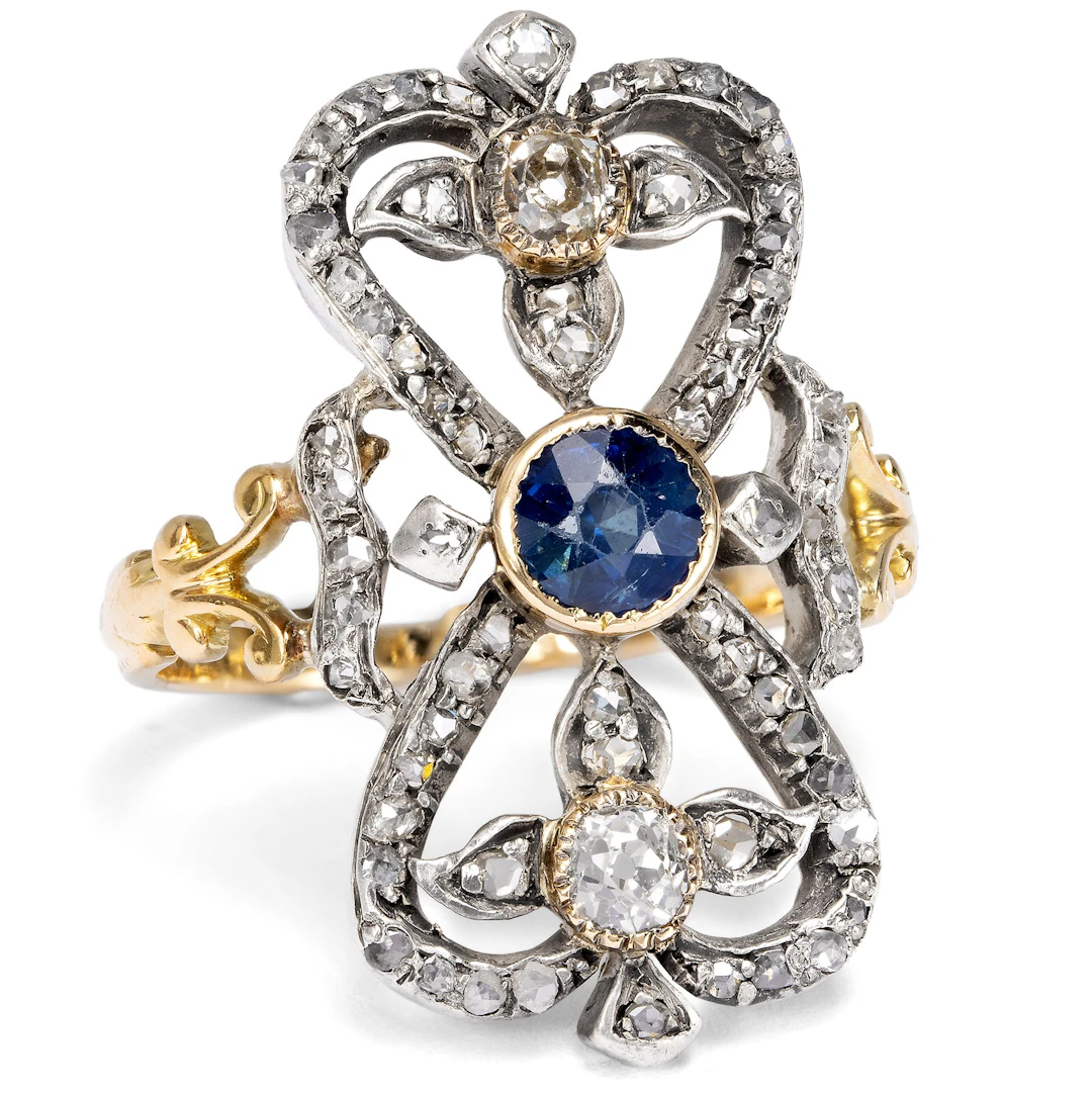 Large Belle Époque Ring with Sapphire & Diamonds, c. 1895
