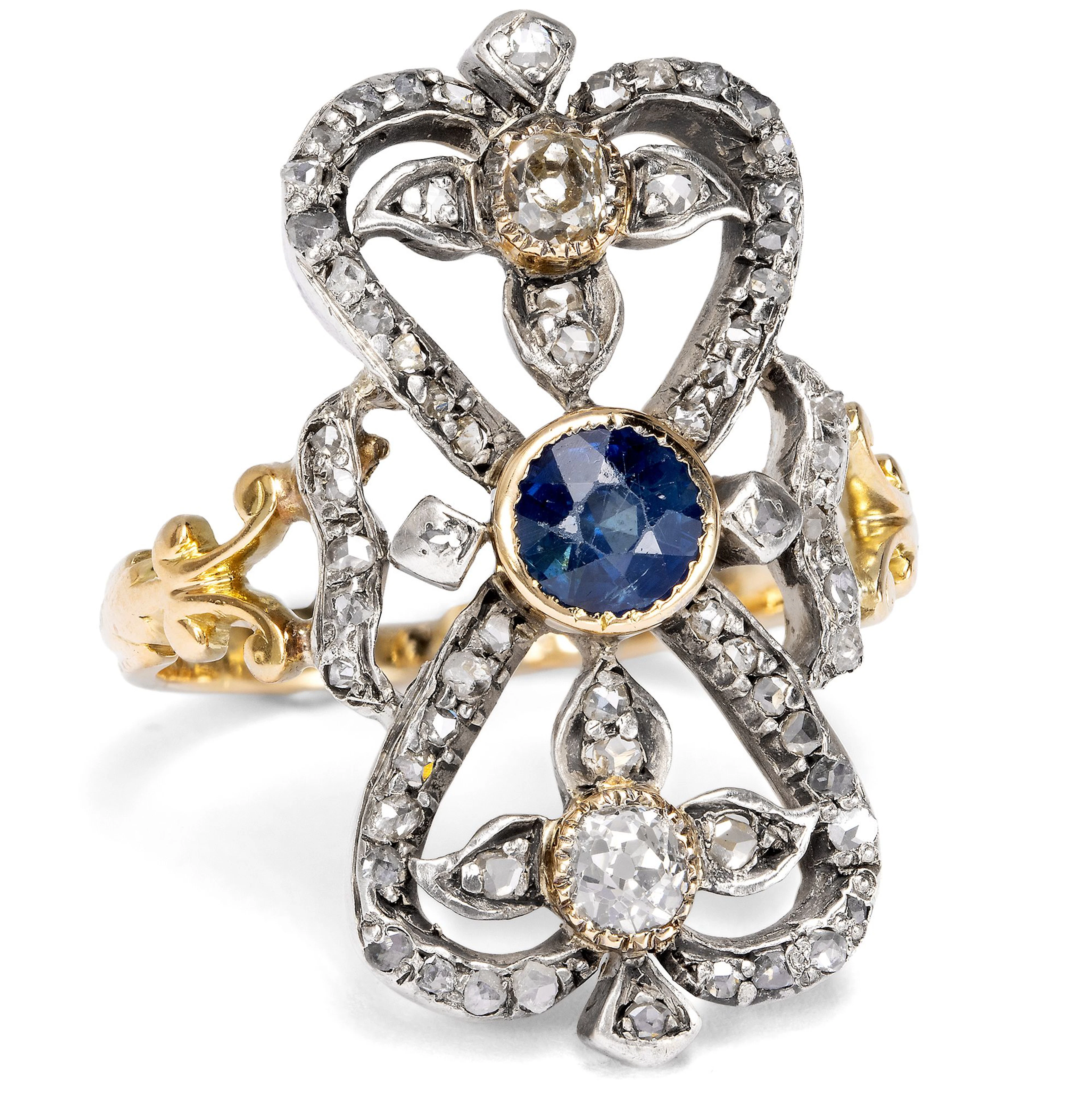 Large Belle Époque Ring with Sapphire & Diamonds, c. 1895