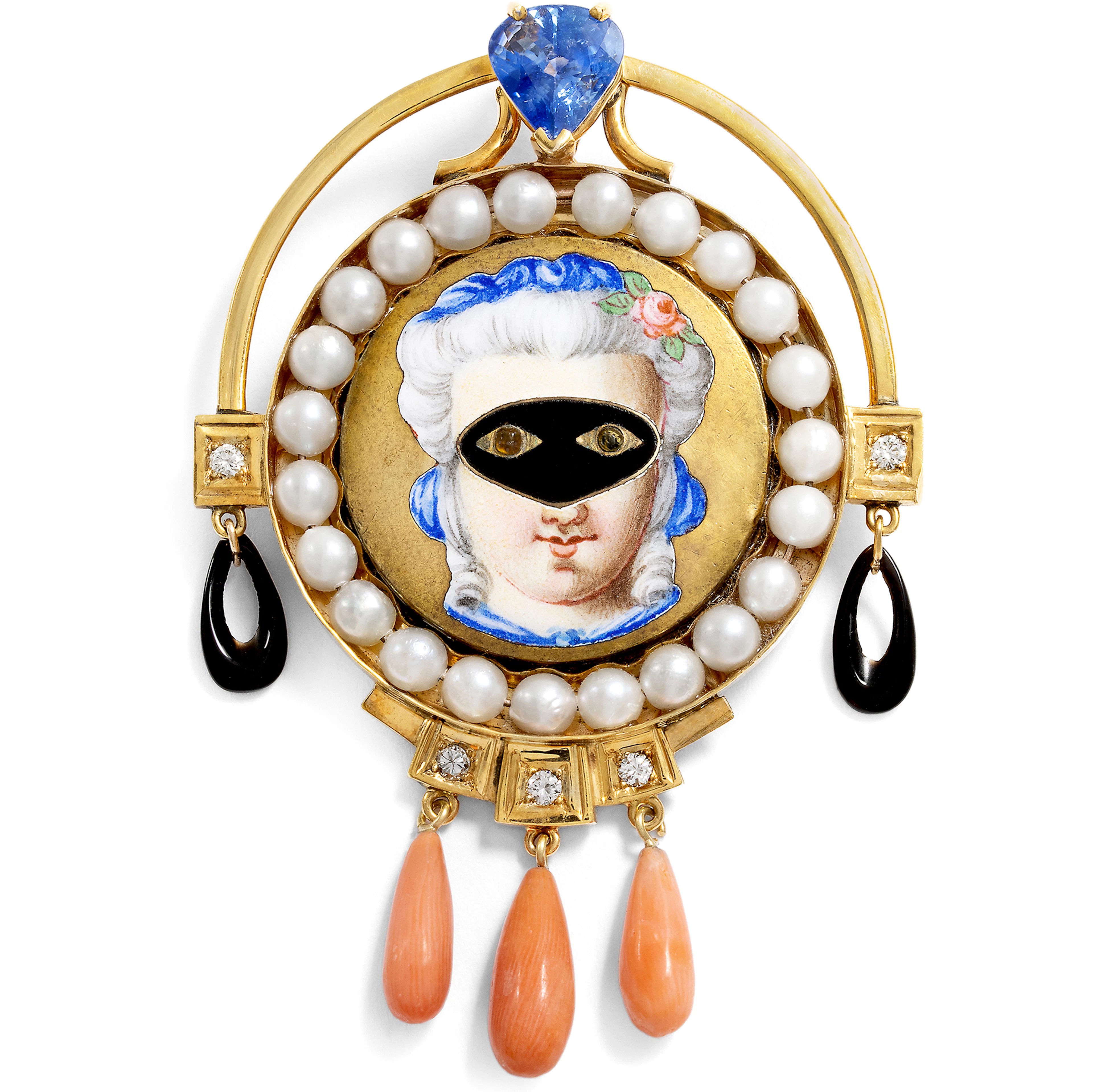 Large Brooch with Antique Enamel Painting, Diamonds, Pearls & Sapphire