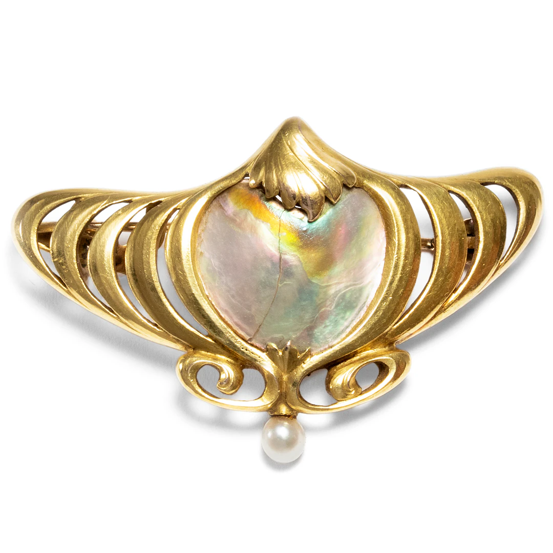 Antique Art Nouveau Gold Brooch With Mother of Pearl, c. 1900