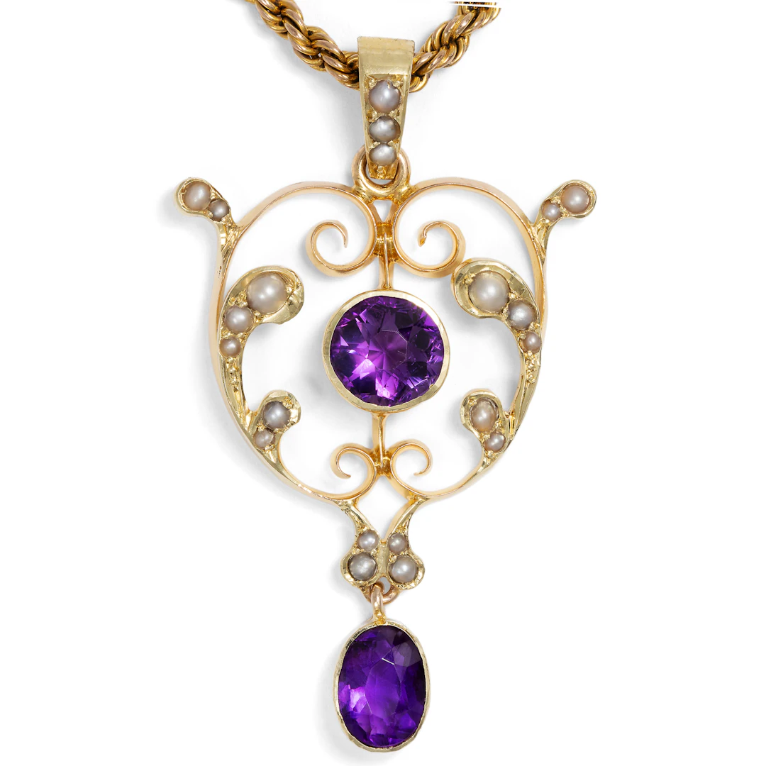 Antique Pendant with Amethysts & Pearls in Gold, Great Britain, c. 1910